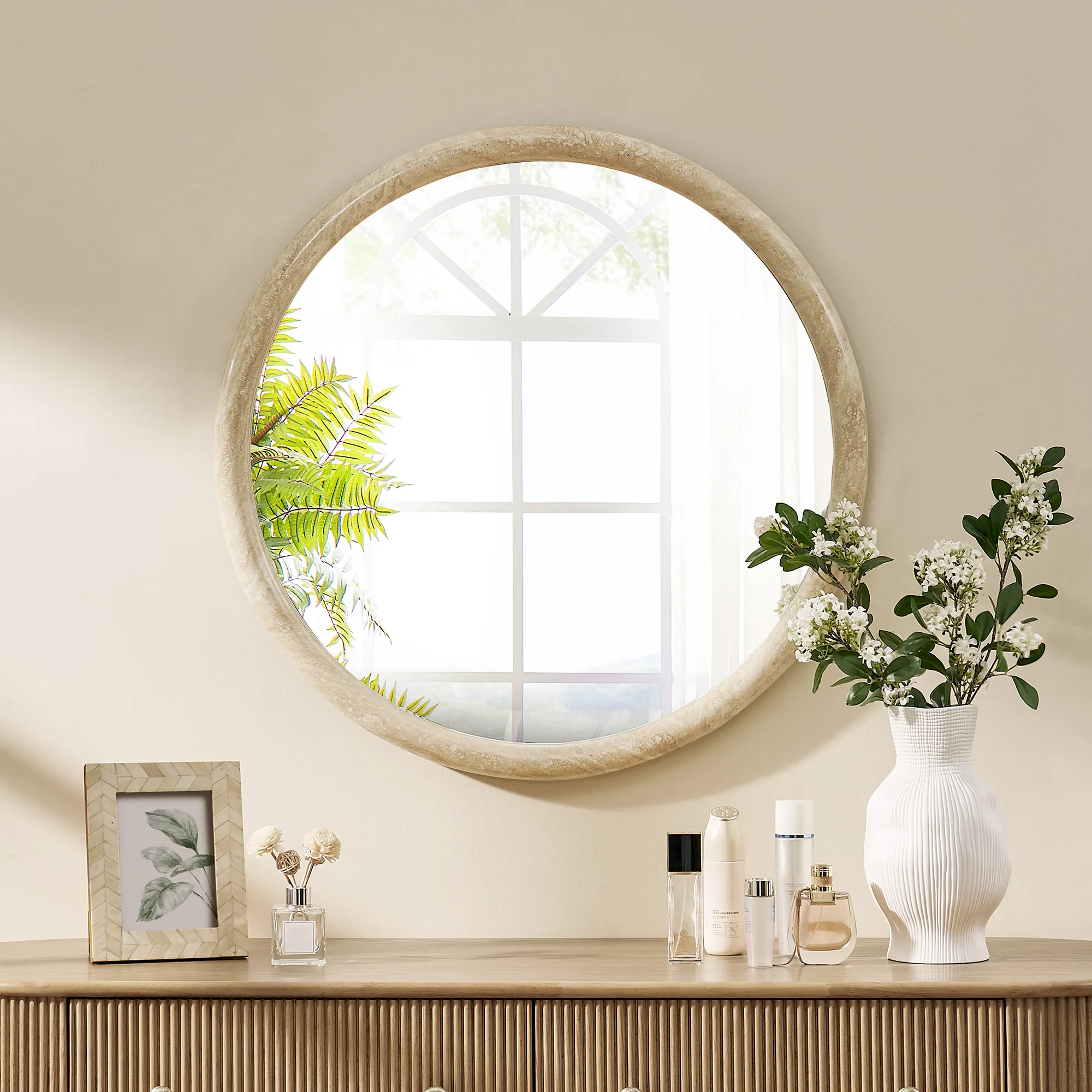 Round Wall Mirror 32 Inch - Beige, Travertine product