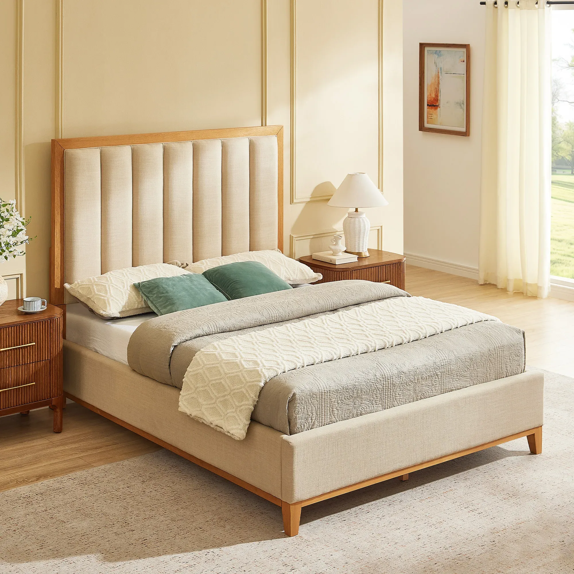 Rowan Queen Size Bed with Upholstered Headboard - Natural, Rubber Wood product