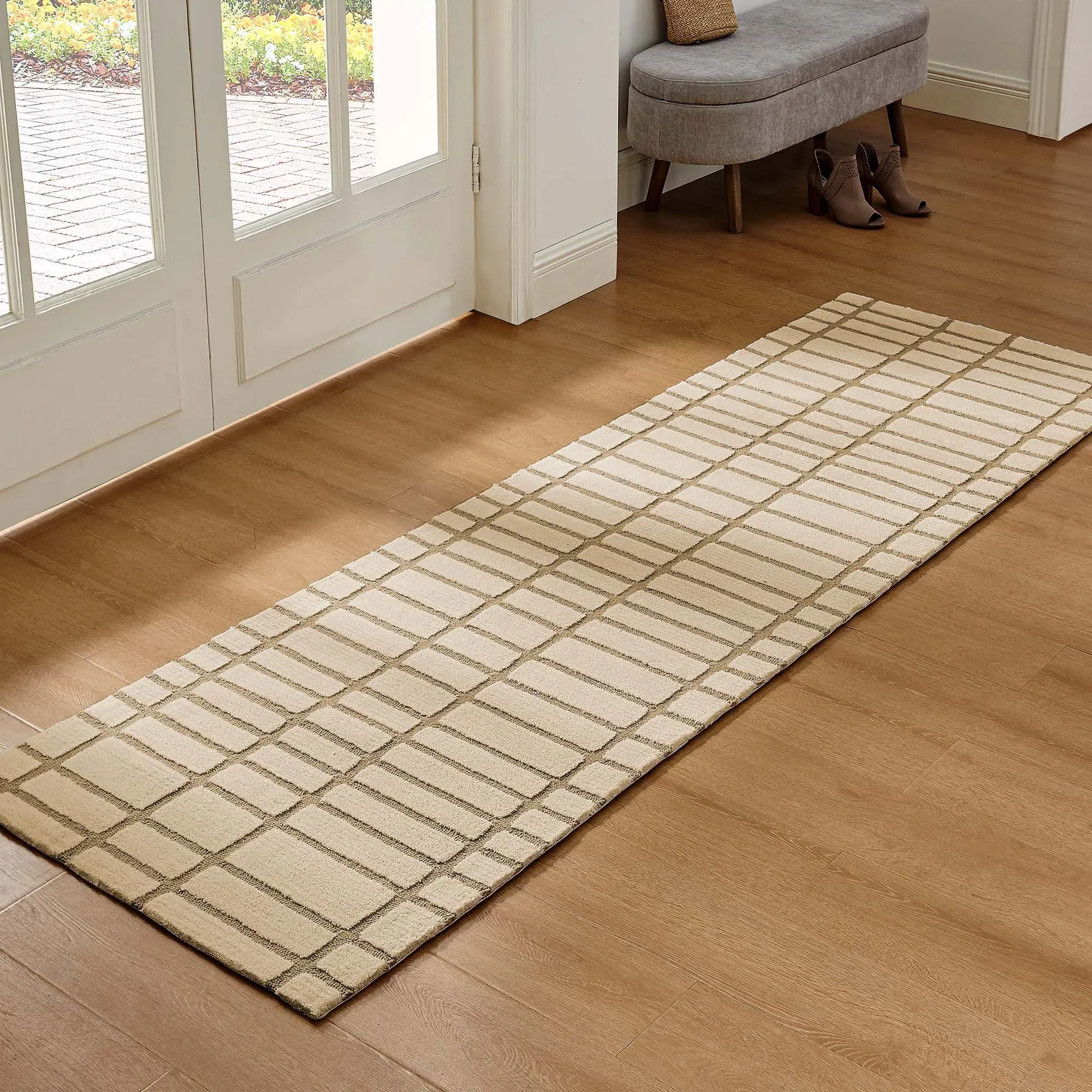 Runner Rug Hand-Knotted Grain Pattern - Beige, Wool product