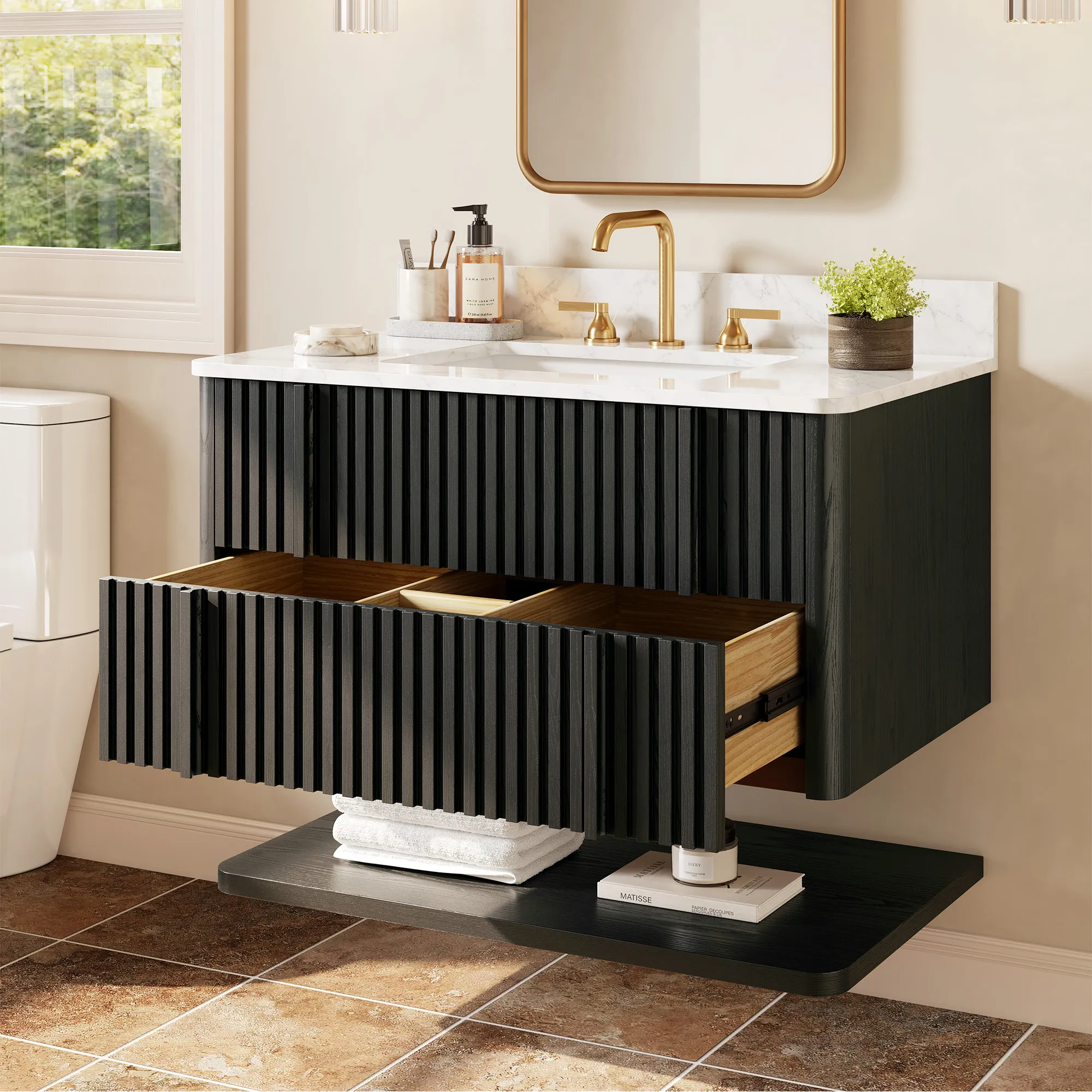 Sabina 36" Single Floating Bathroom Vanity with Storage - Black, Oak product