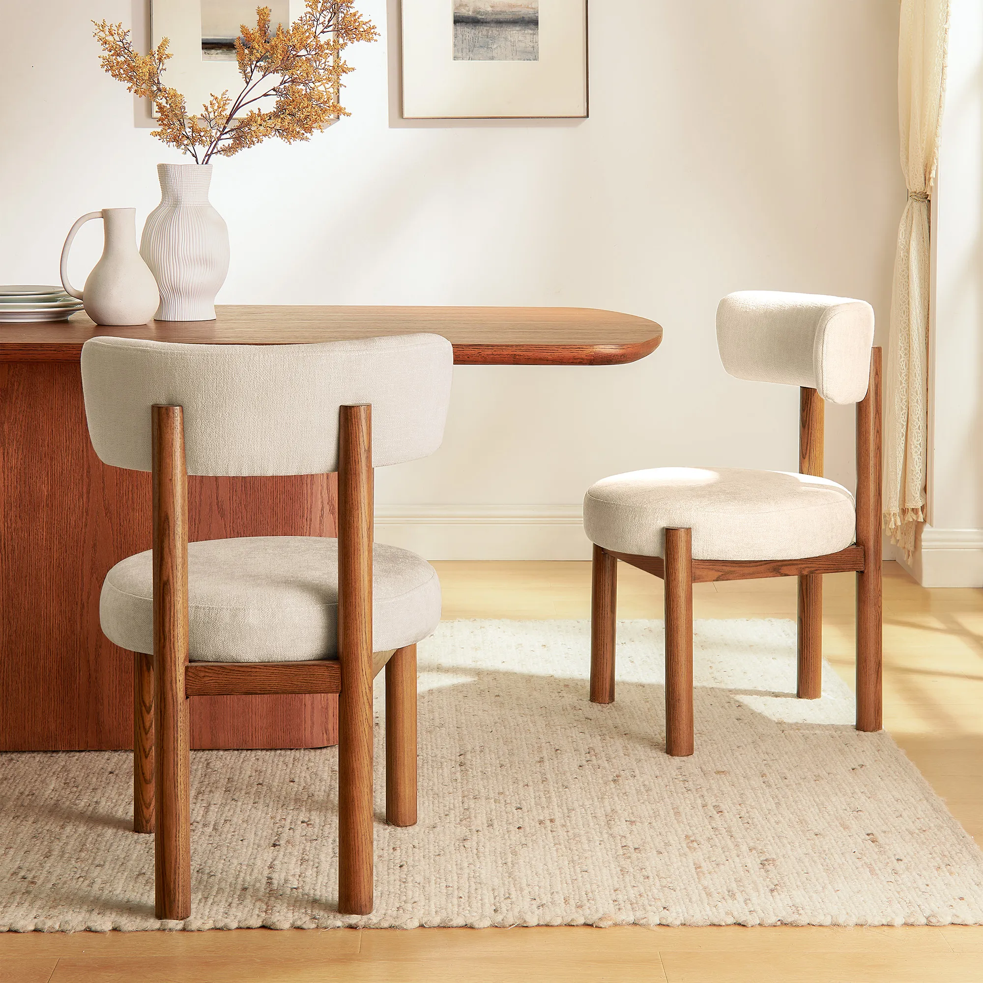 Set of 2 Ash Wood Dining Chairs - White, Bouclé product