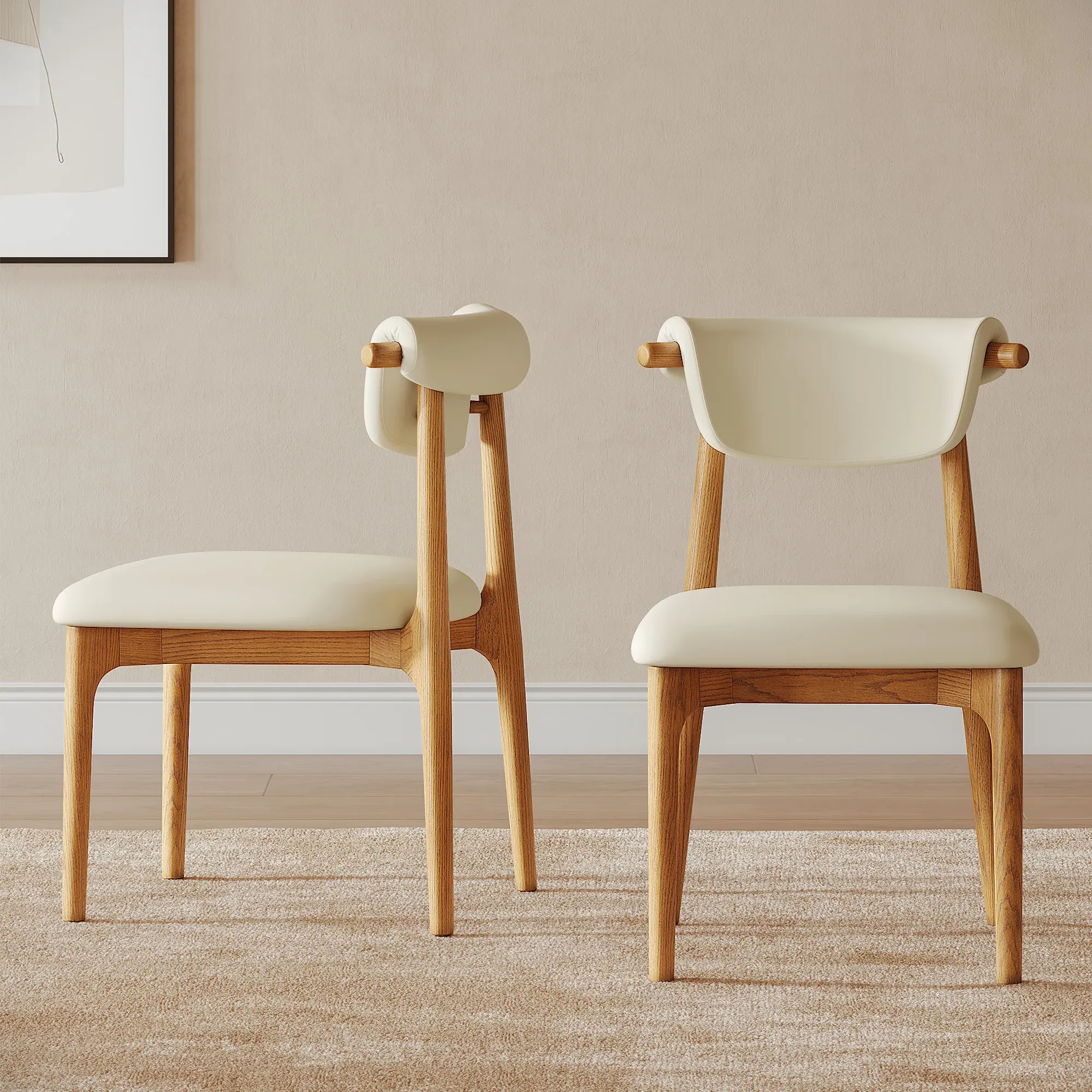 Set of 2 Upholstered Ash Wood Dining Chairs - Natural, PU Leather product