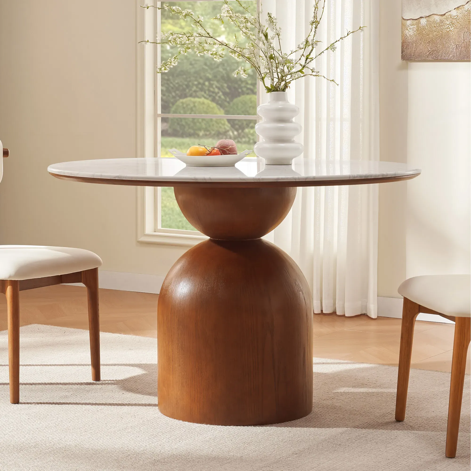 Sigrid Round Dining Table with Pedestal - Warm Brown, Engineered Stone product