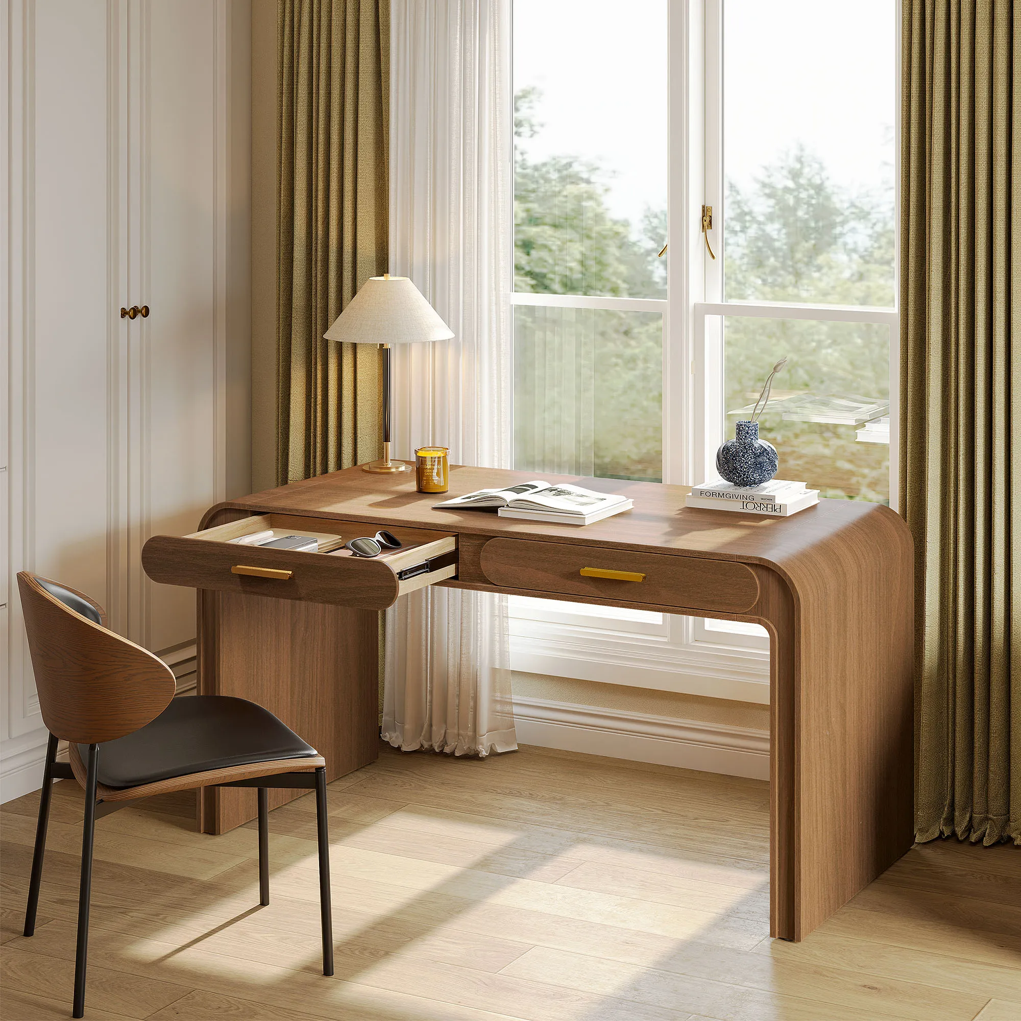 Simpdi Writing Desk with 2 Drawers - Dark Brown, Engineered Wood product