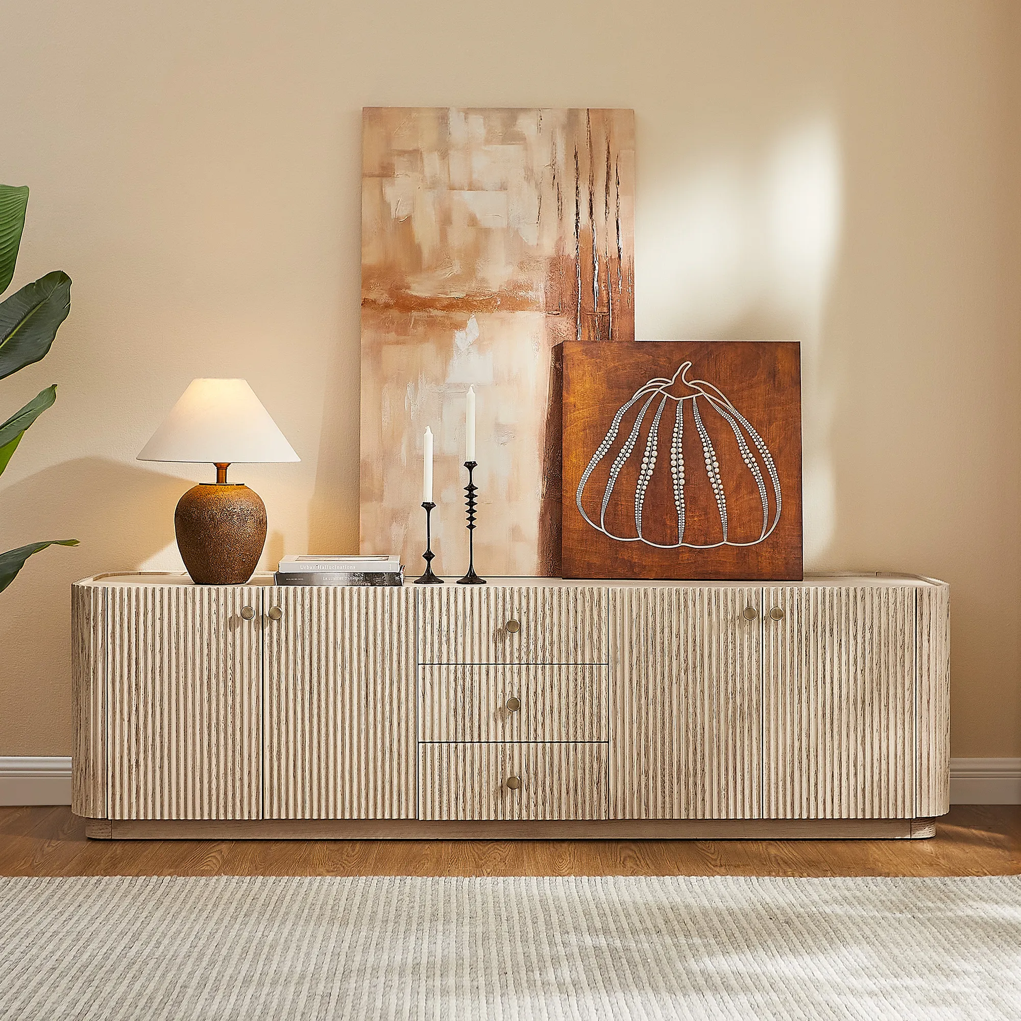 Skimra 84 Inch Fluted TV Stand with 3 Drawers - Whitewash, Oak product