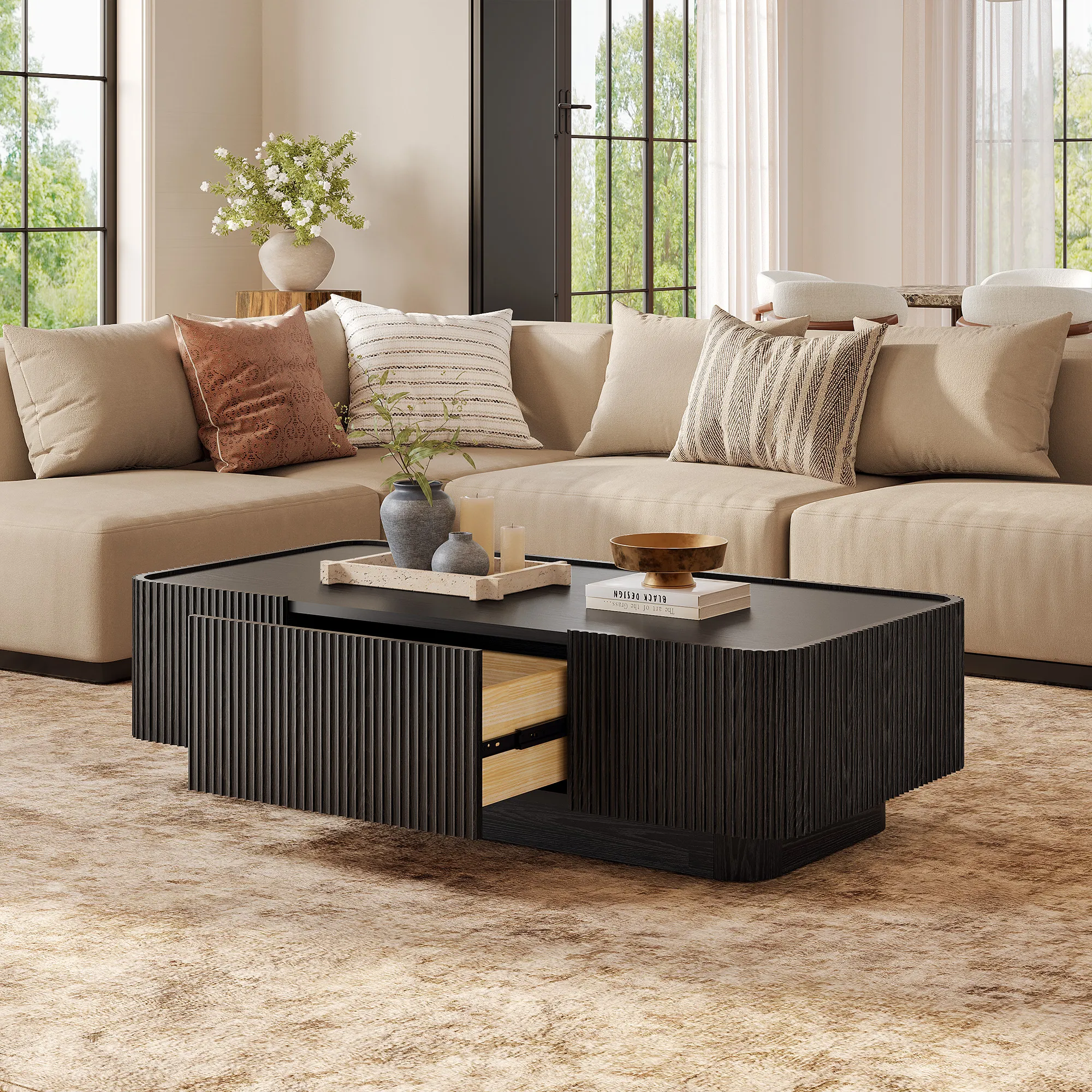 Skimra Fluted Coffee Table with 2 Drawers - Black, Oak product