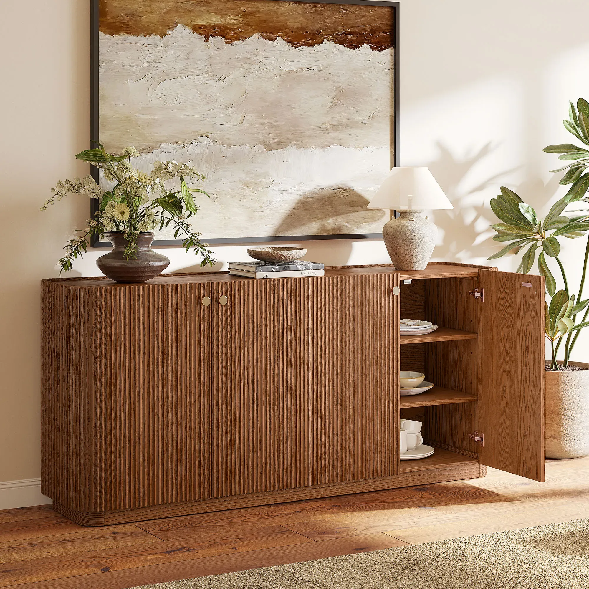Skimra Fluted Sideboard with Storage - Warm Brown, Oak product