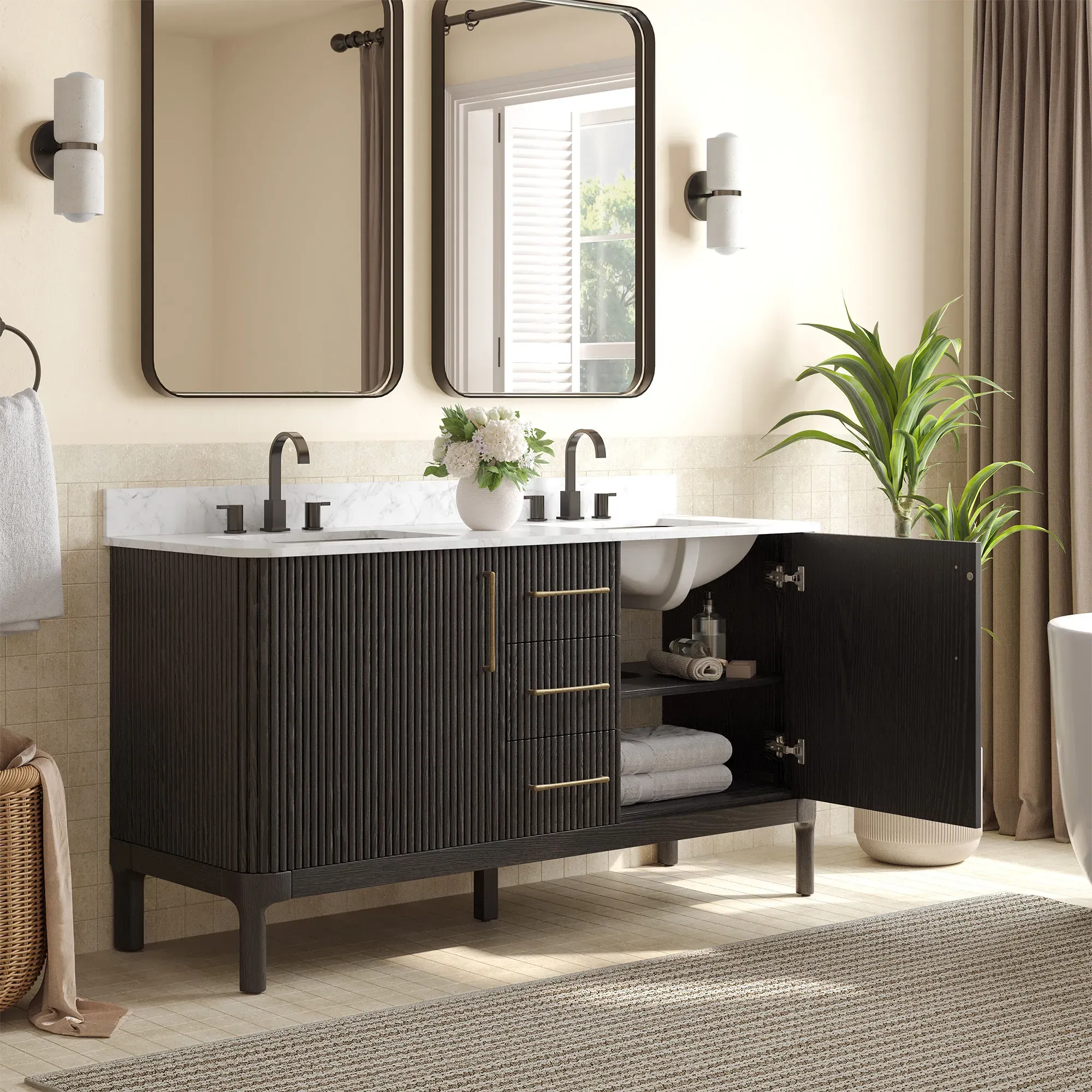 Skugga 63" Double Sink Bathroom Vanity with Storage - Black, Plywood product