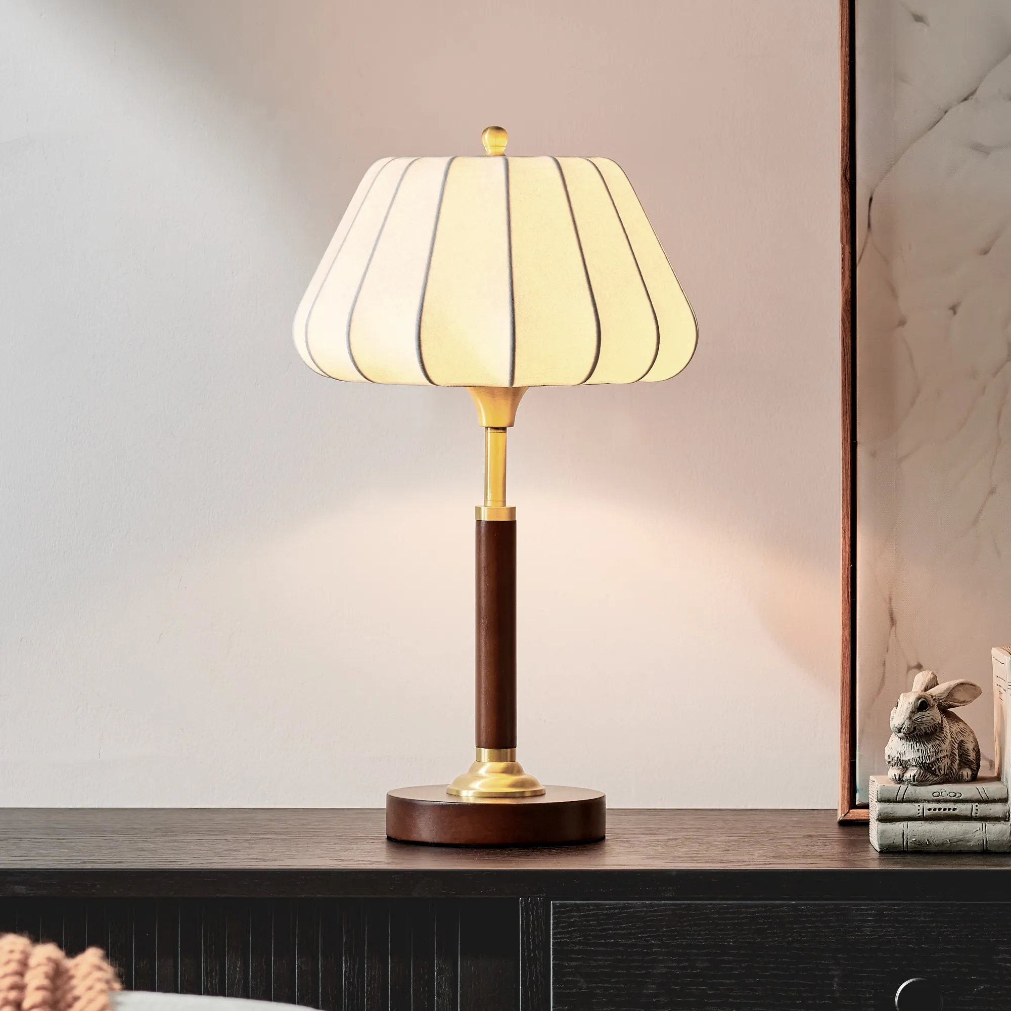 Solid Wood 20 Inch Table Lamp with Shade - Brown, Rubber Wood product