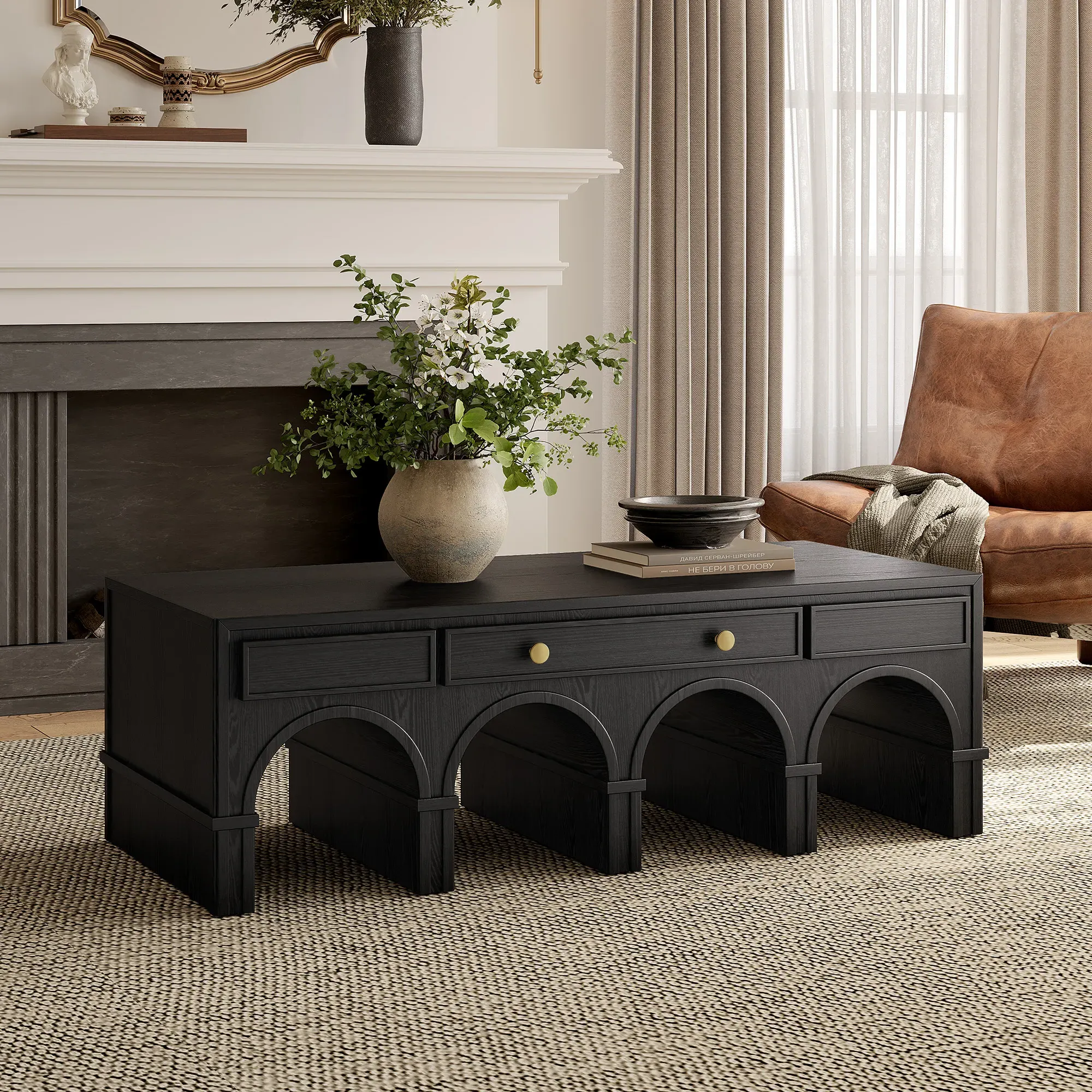 Solvind Arch Coffee Table with Drawers - Black, Oak product
