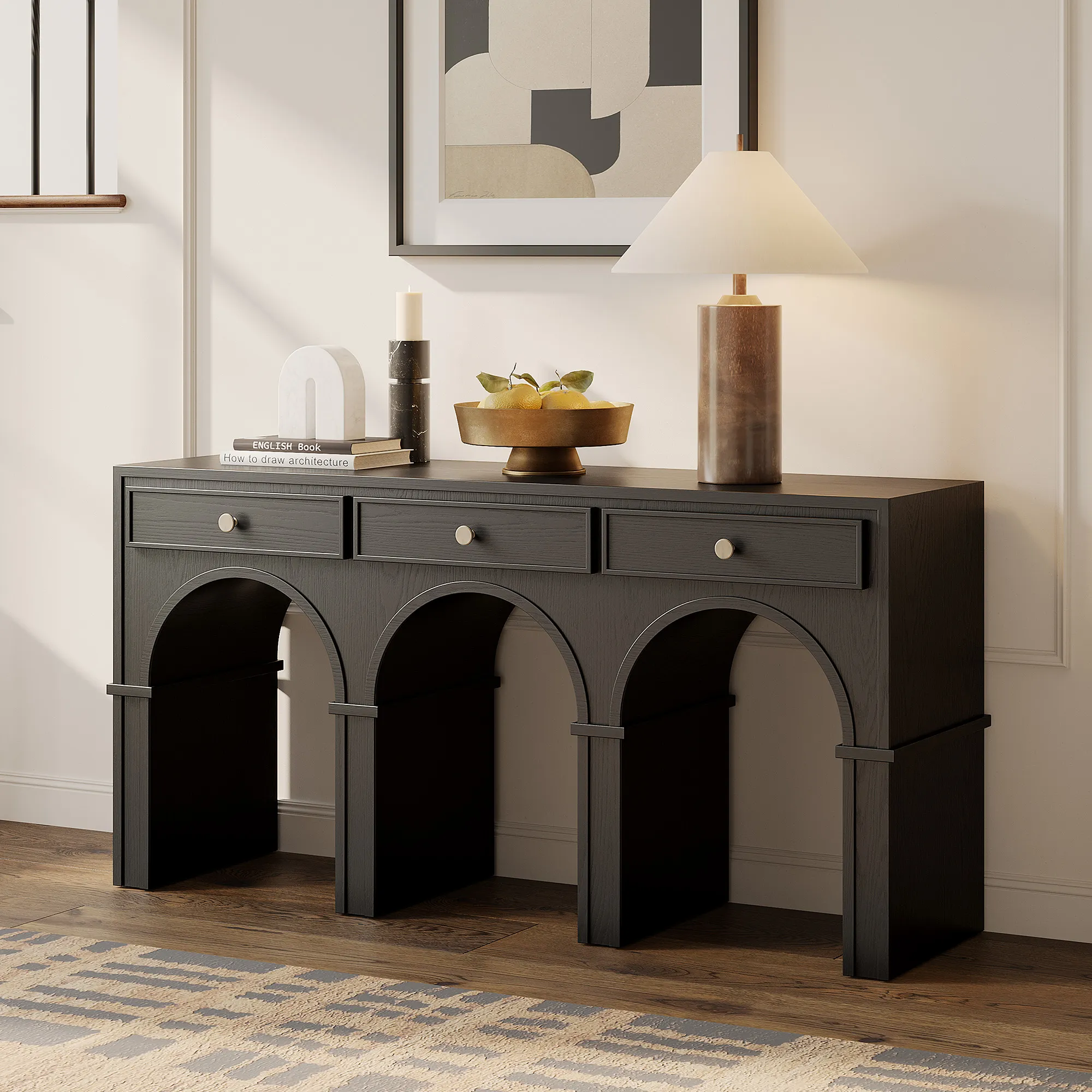Solvind Arch Console Table with 3 Drawers - Black, Oak product