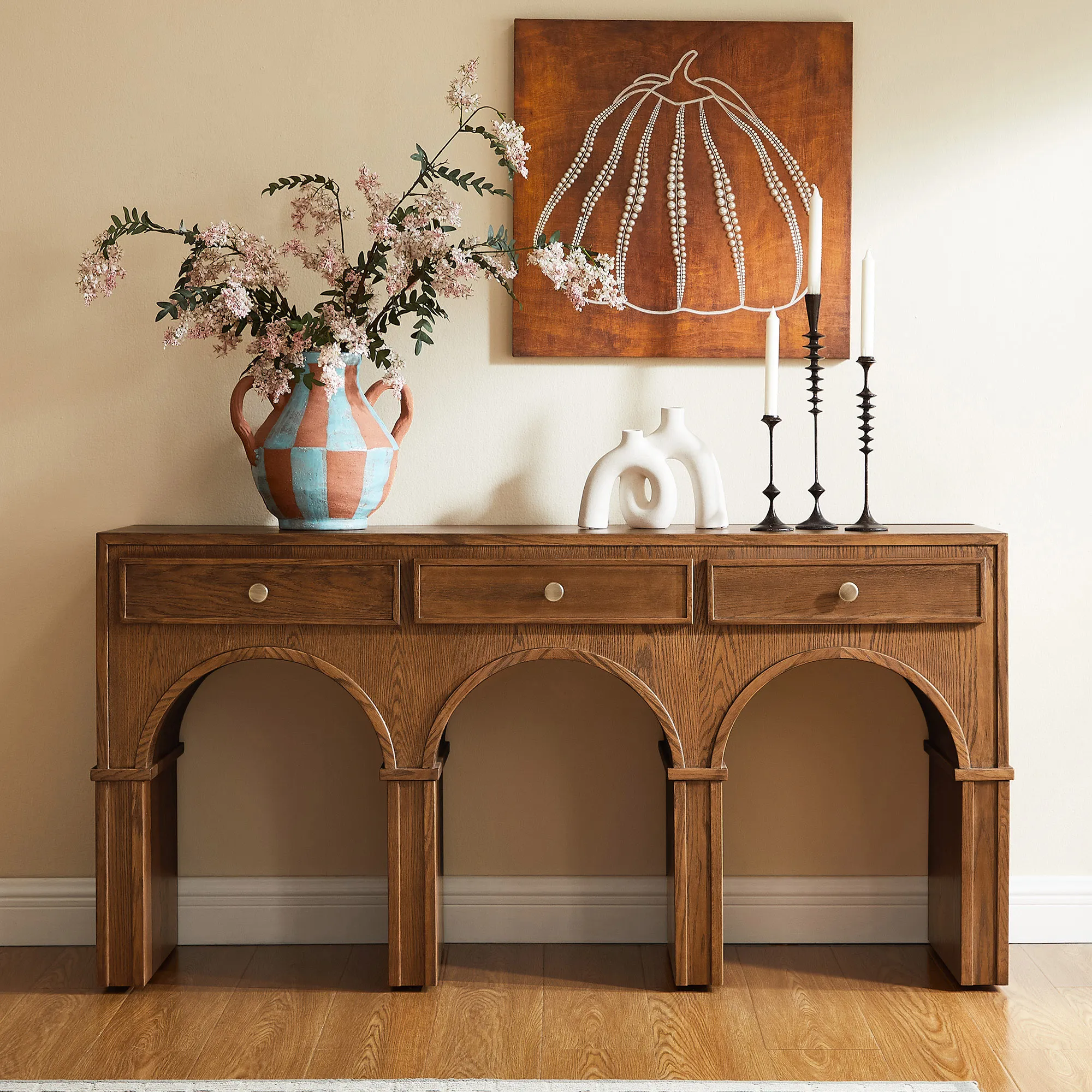 Solvind Arch Console Table with 3 Drawers - Warm Brown, Oak product