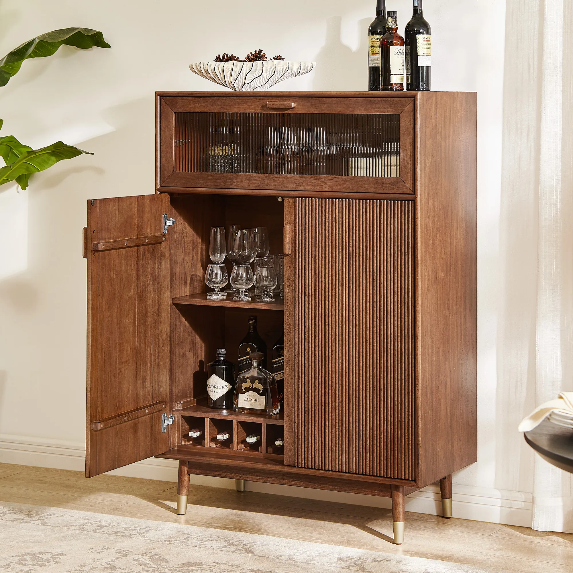 Stavn 38 Tall Bar Cabinet with Storage - Walnut, Engineered Wood product