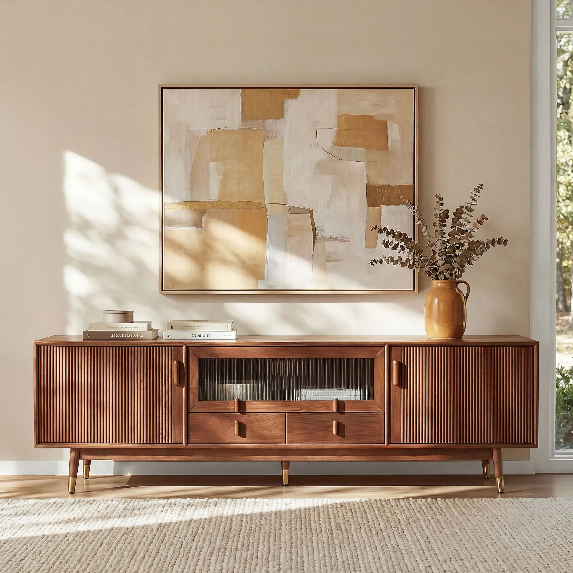 Stavn 72" Fluted TV Stand with Storage - Walnut, Engineered Wood product