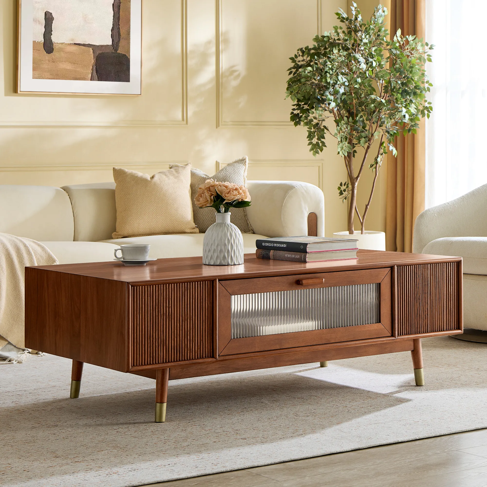 Stavn Fluted Coffee Table with Storage - Walnut, Oak product