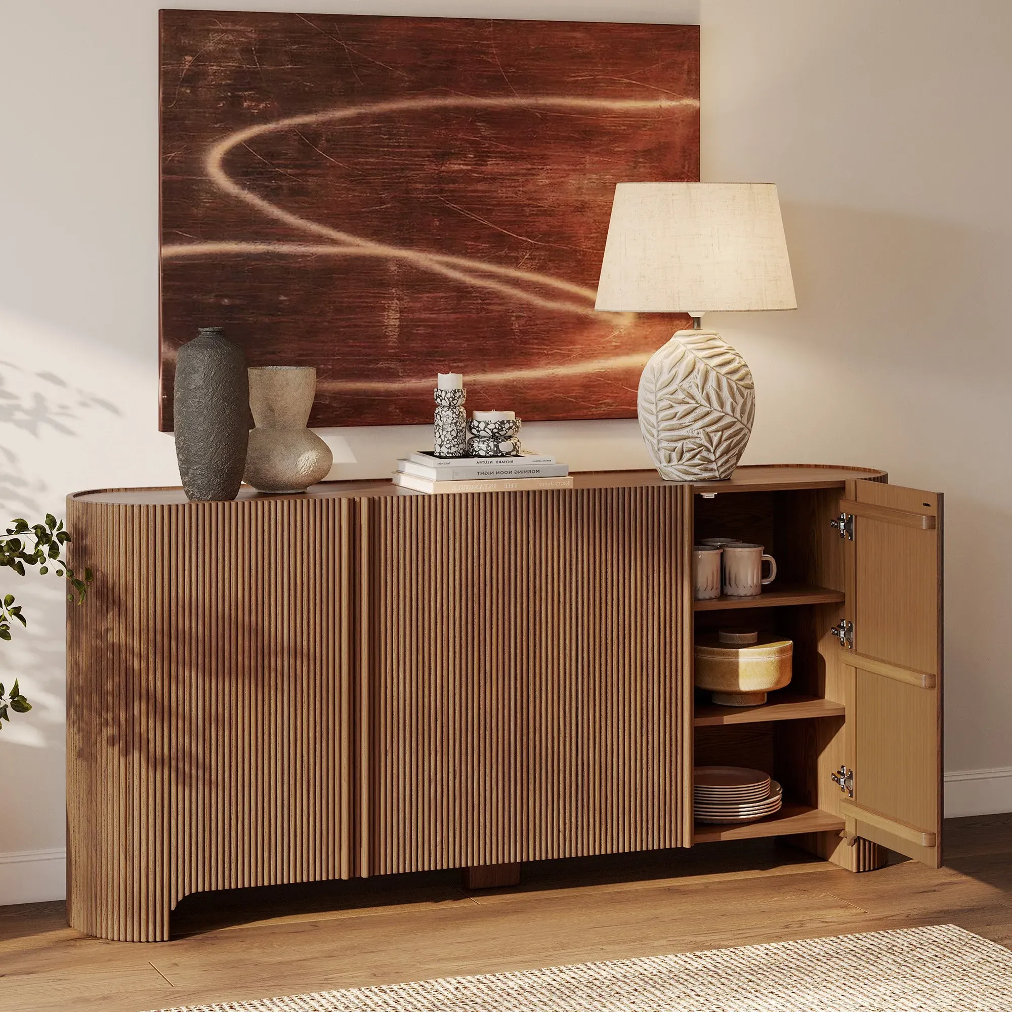 Stria 80" Large Fluted Buffet Sideboard - Brown, Solid Wood product