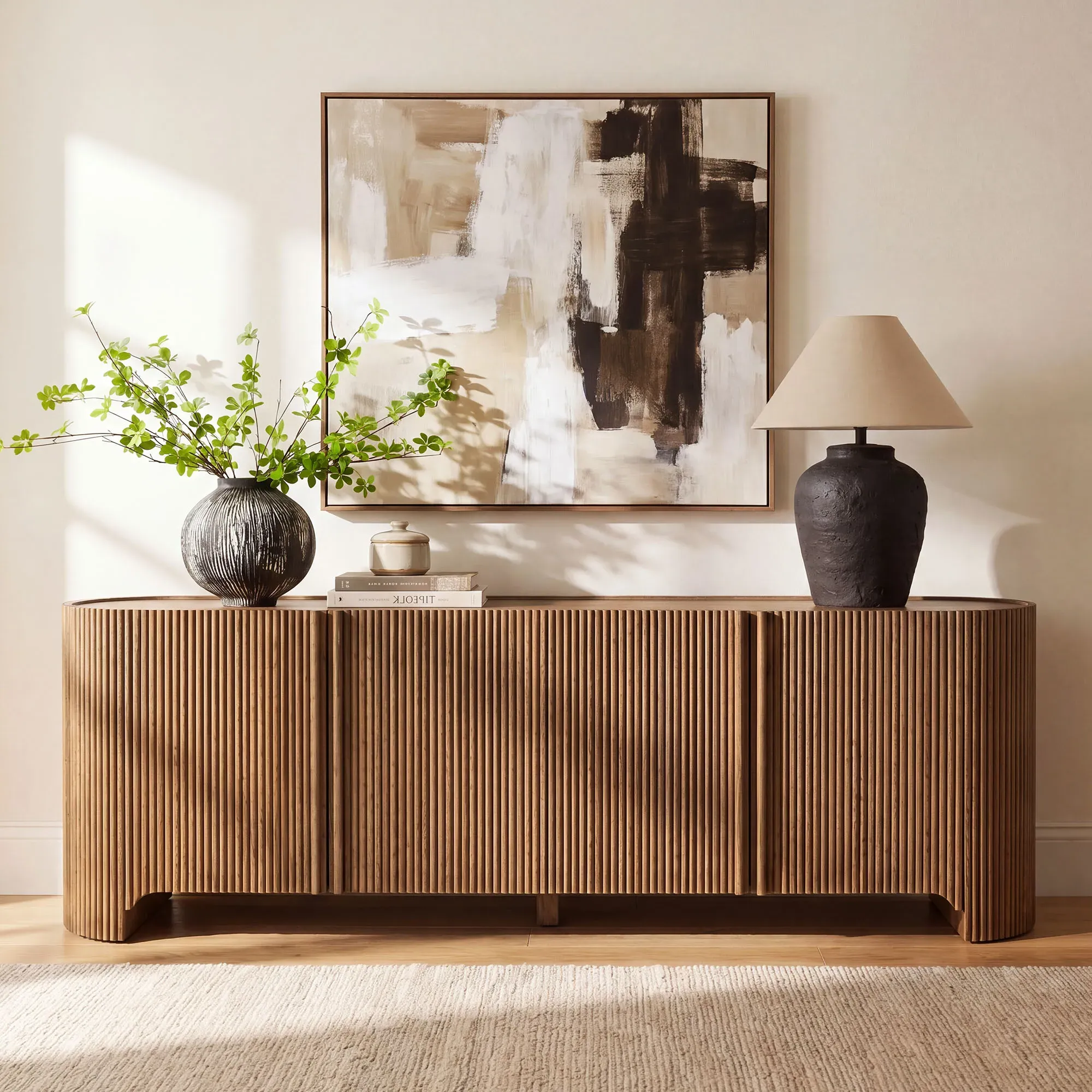 Stria 84" TV Stand with Fluted Doors and Adjustable Shelves - Brown, Solid Wood product