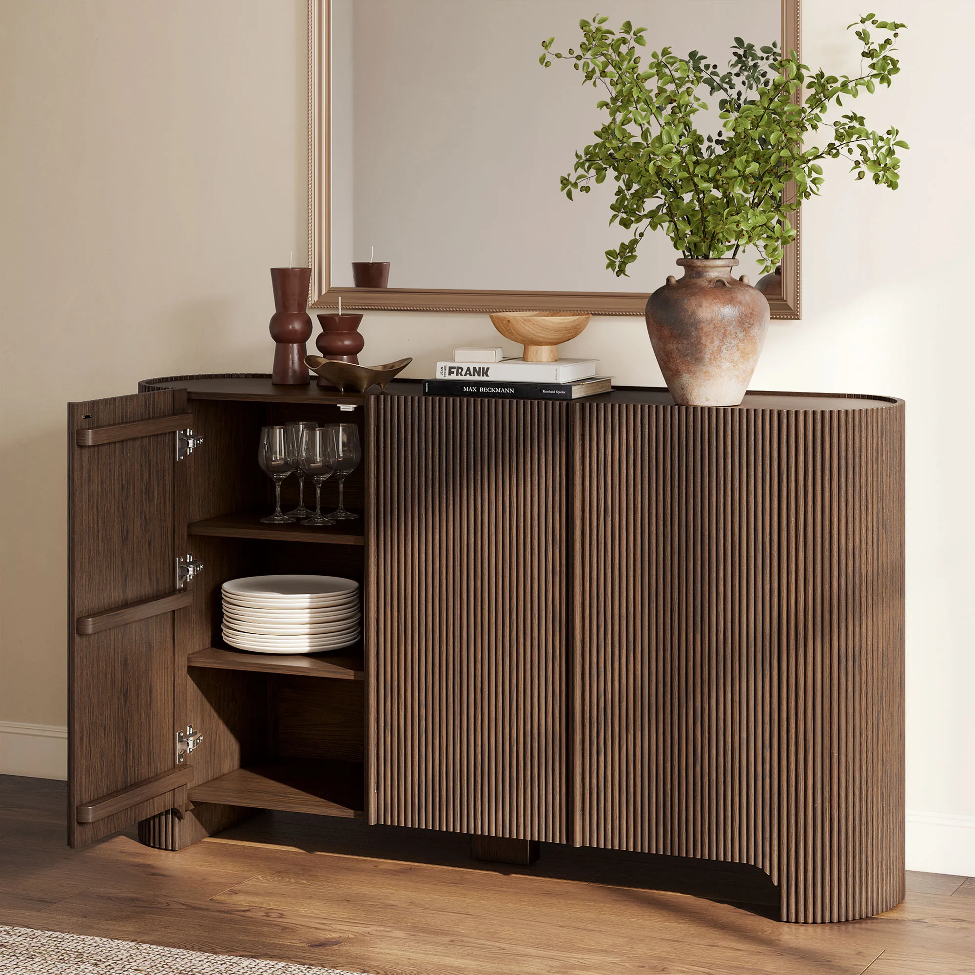 Stria Fluted Buffet Sideboard - Dark Brown, Solid Wood product