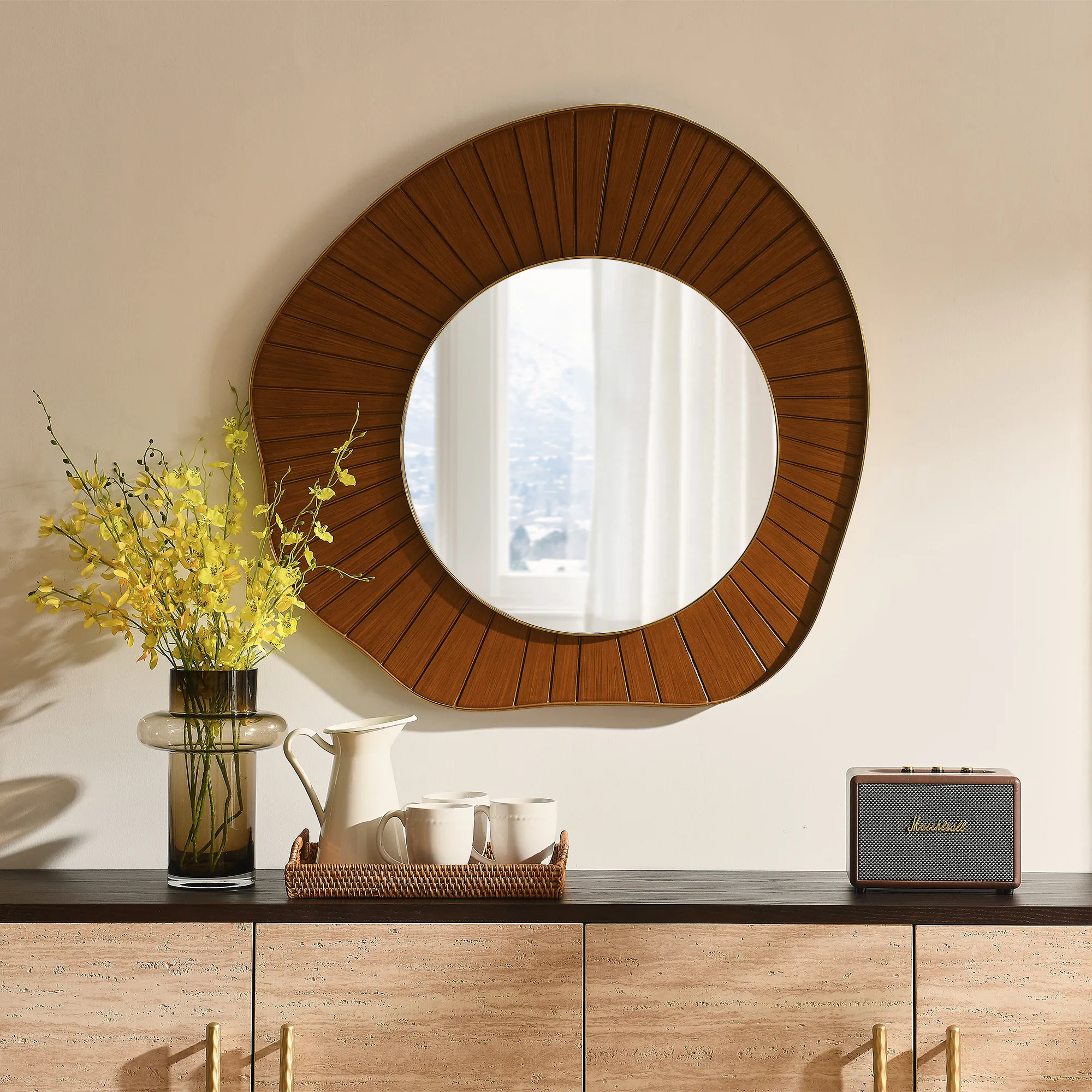 Sunburst Wall Mirror - Brown, Rubberwood product