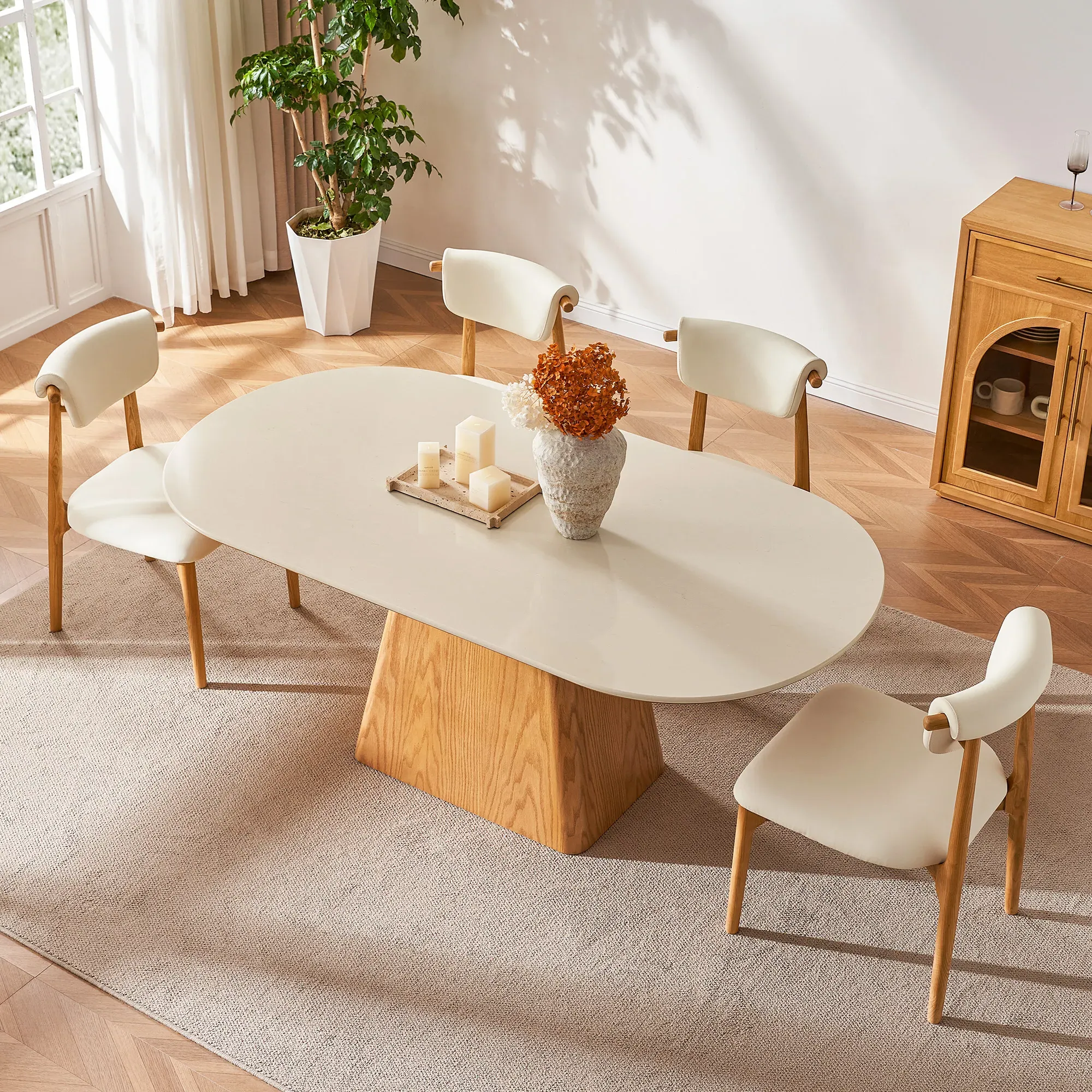 Thorsten Oval Dining Table with Pedestal Base - Beige, Engineered Stone product