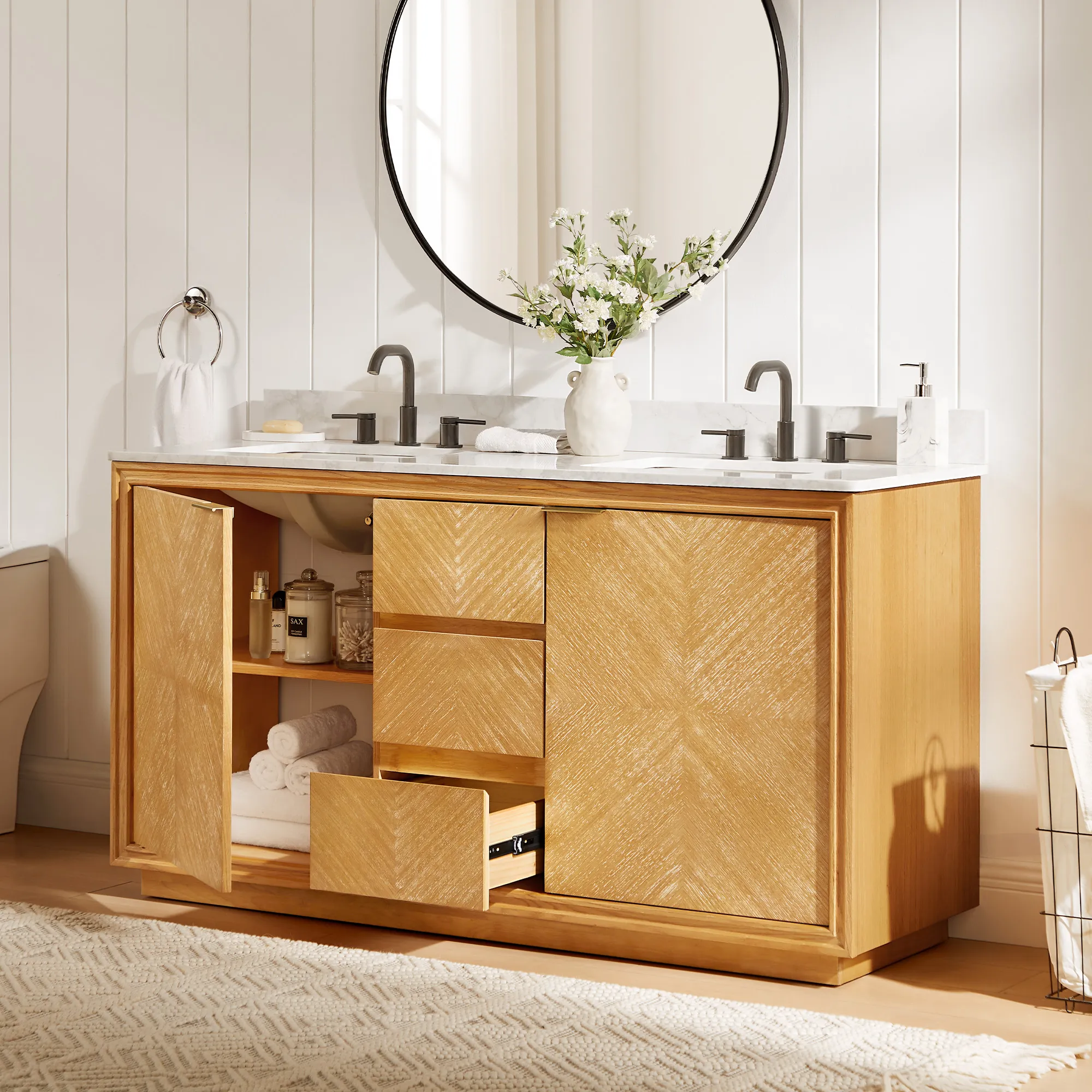 Thursen 63" Double Bathroom Vanity with 2 Sinks - Natural, Solid Wood product