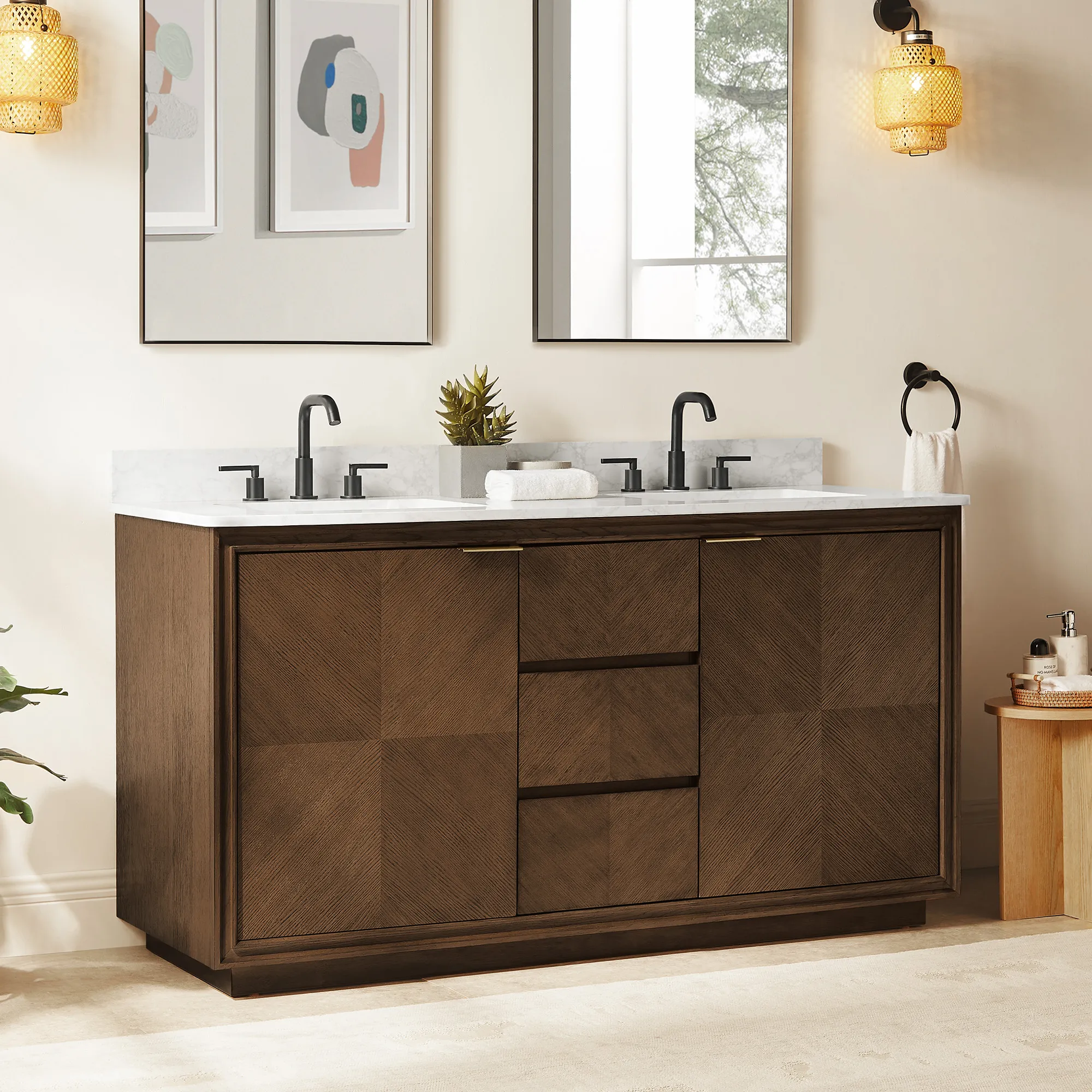Thursen 63" Double Bathroom Vanity with 3 Drawers - Dark Brown, Solid Wood product