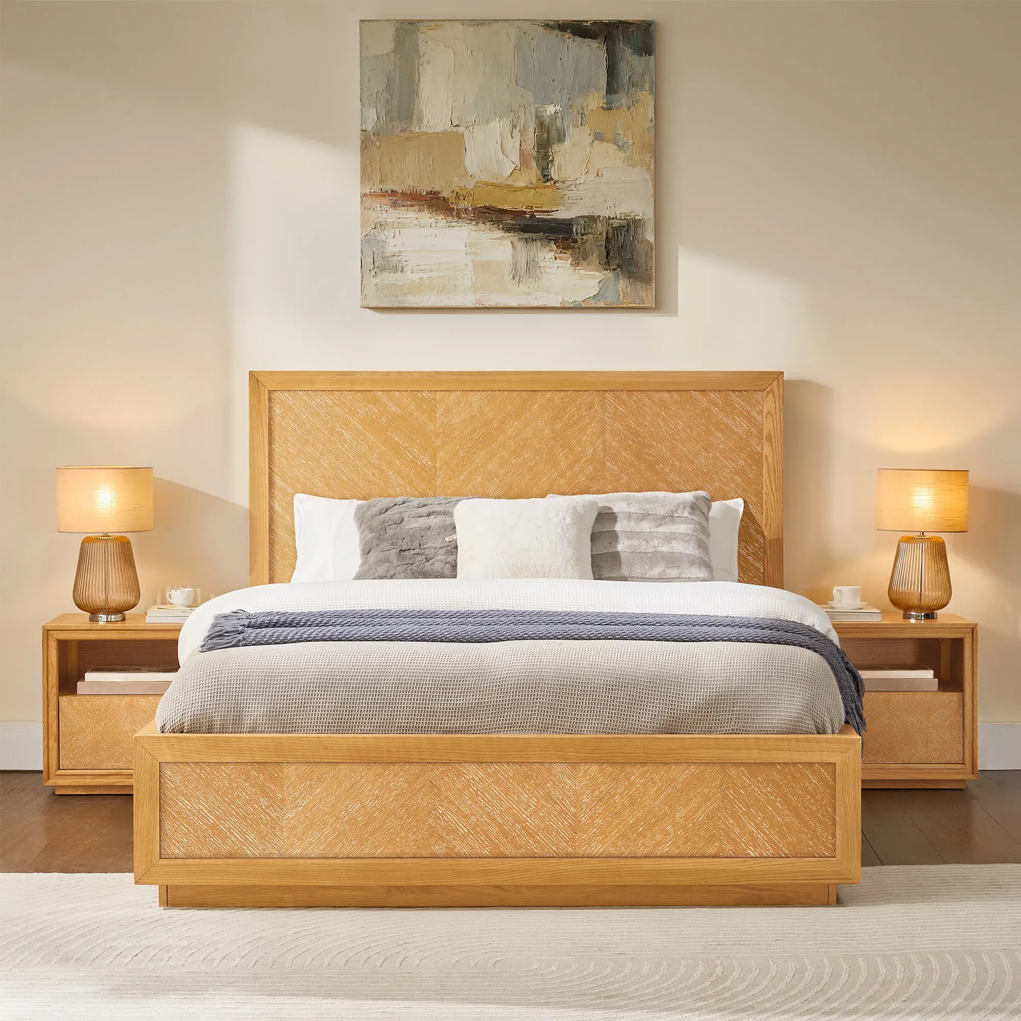 Thursen Queen Size Bed with Chevron Headboard - Natural, Oak product