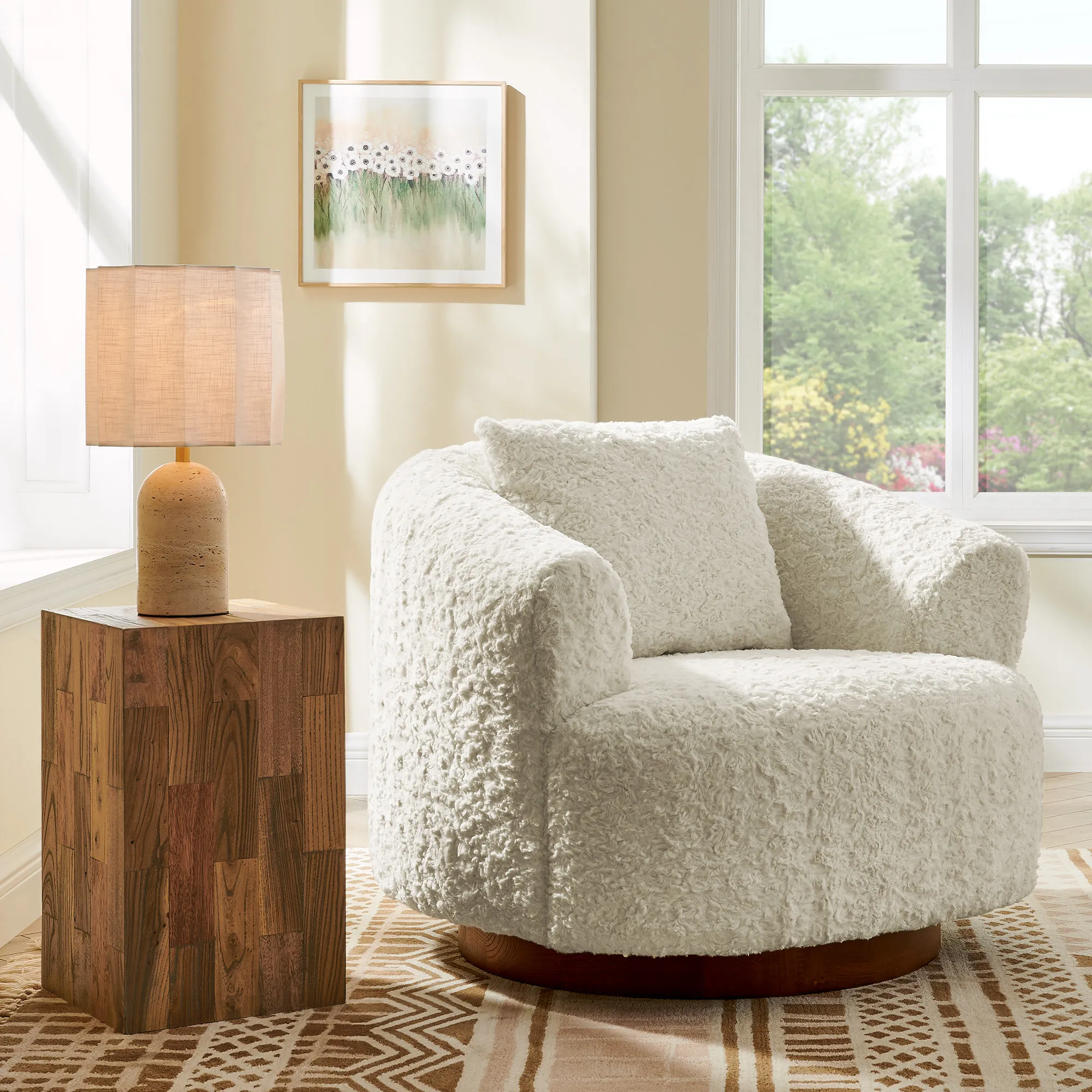Timberve Swivel Accent Chair Low Back - White, Faux Fur product