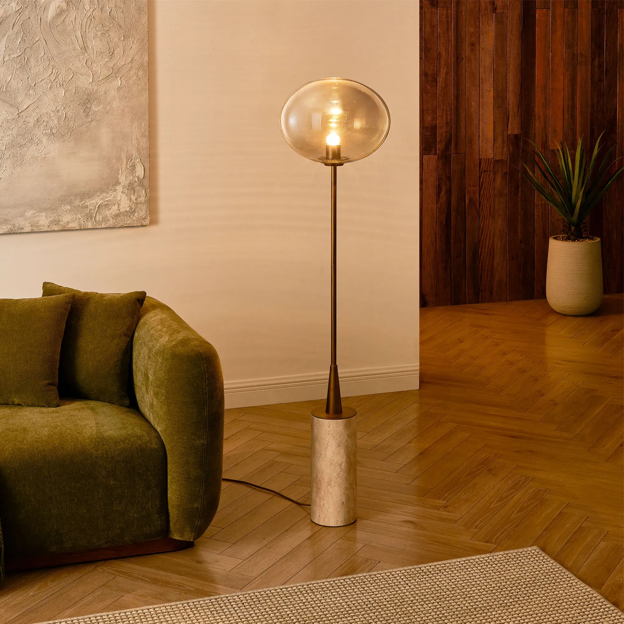Travertine Floor Lamp with Champagne Glass Shade - Beige product
