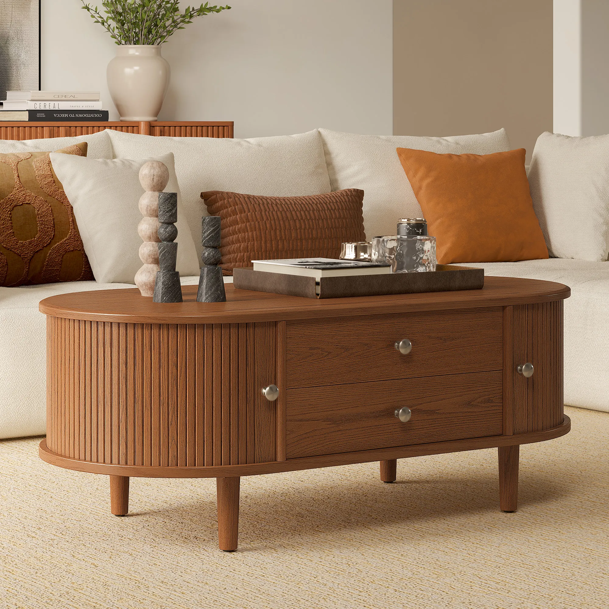 Tristan Oval Coffee Table with Drawers - Warm Brown, Oak product