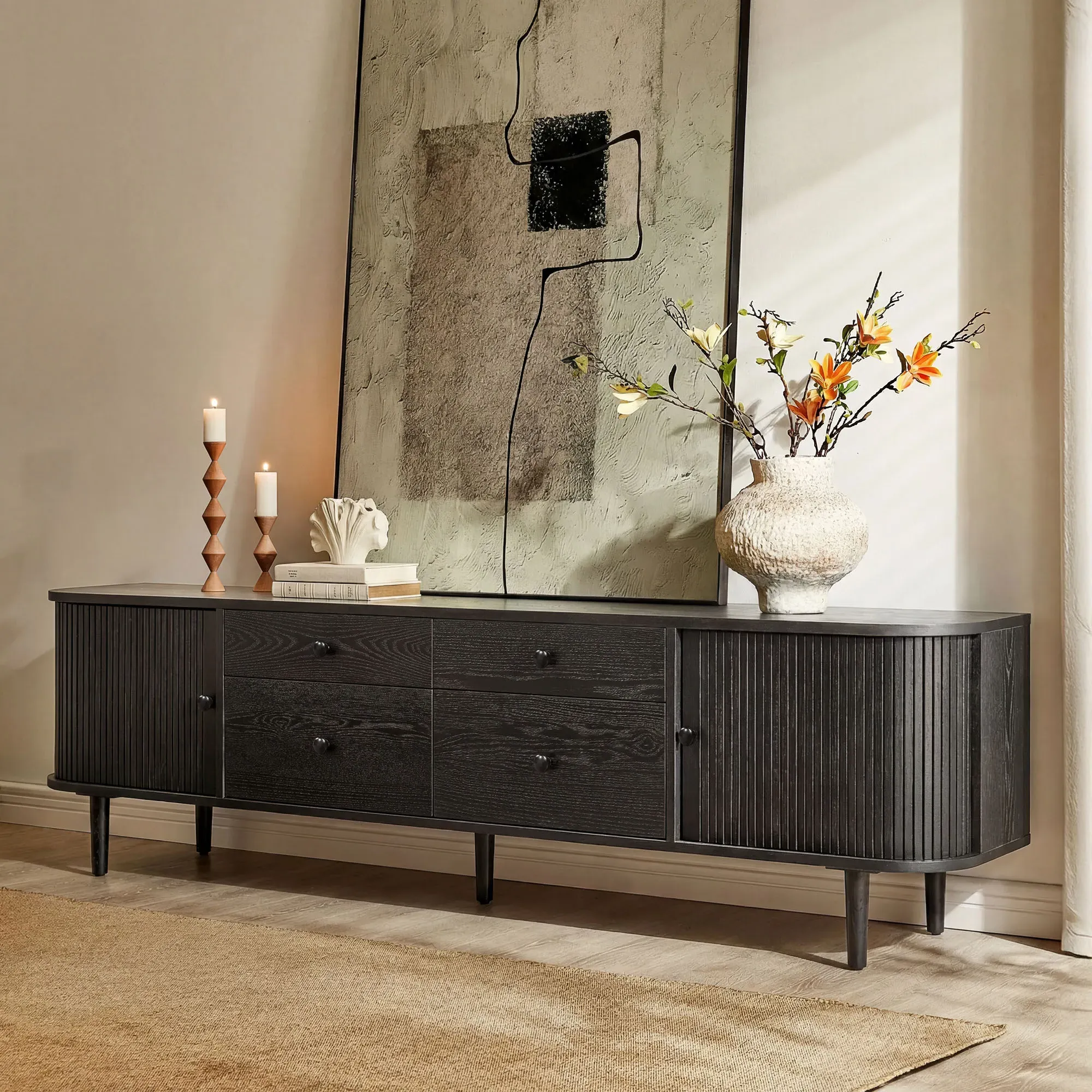 Tristan Tambour Door TV Stand with 4 Drawers - Black, Oak product
