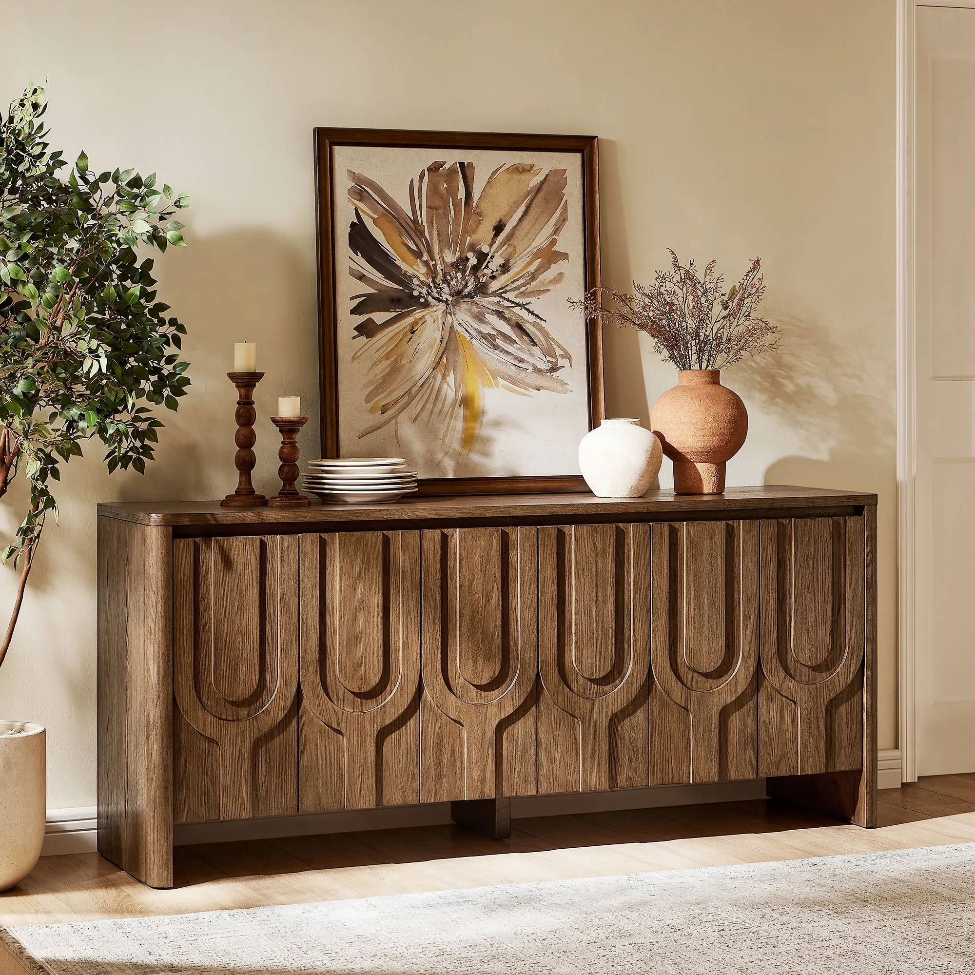 Tulipan Large Sideboard Credenza with Storage - Brown, Oak product