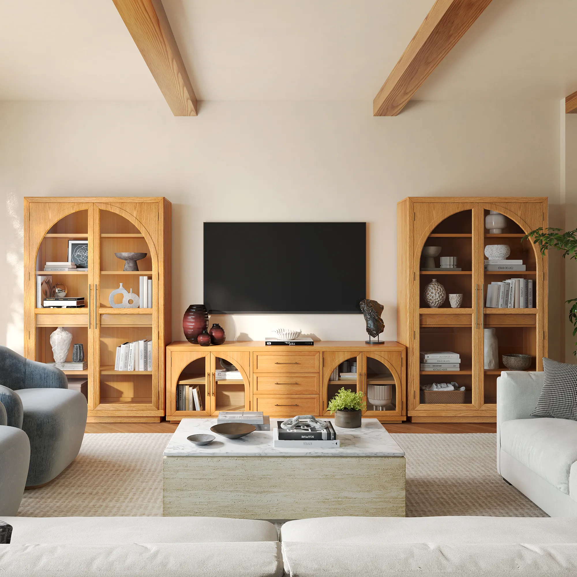 Valborg 4-Door Media Console with Storage - Natural, Oak product
