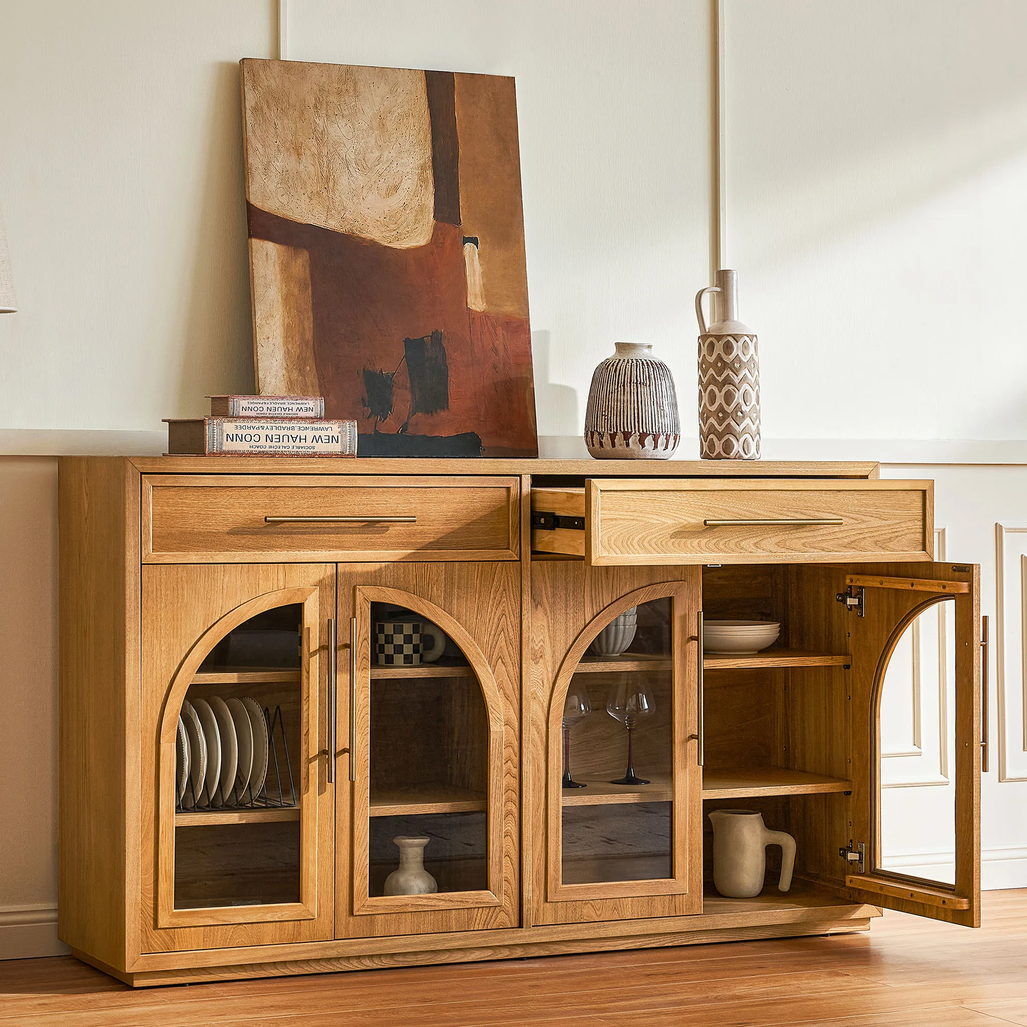Valborg 63" Sideboard with Arched Glass Doors - Natural, Rubber Wood product