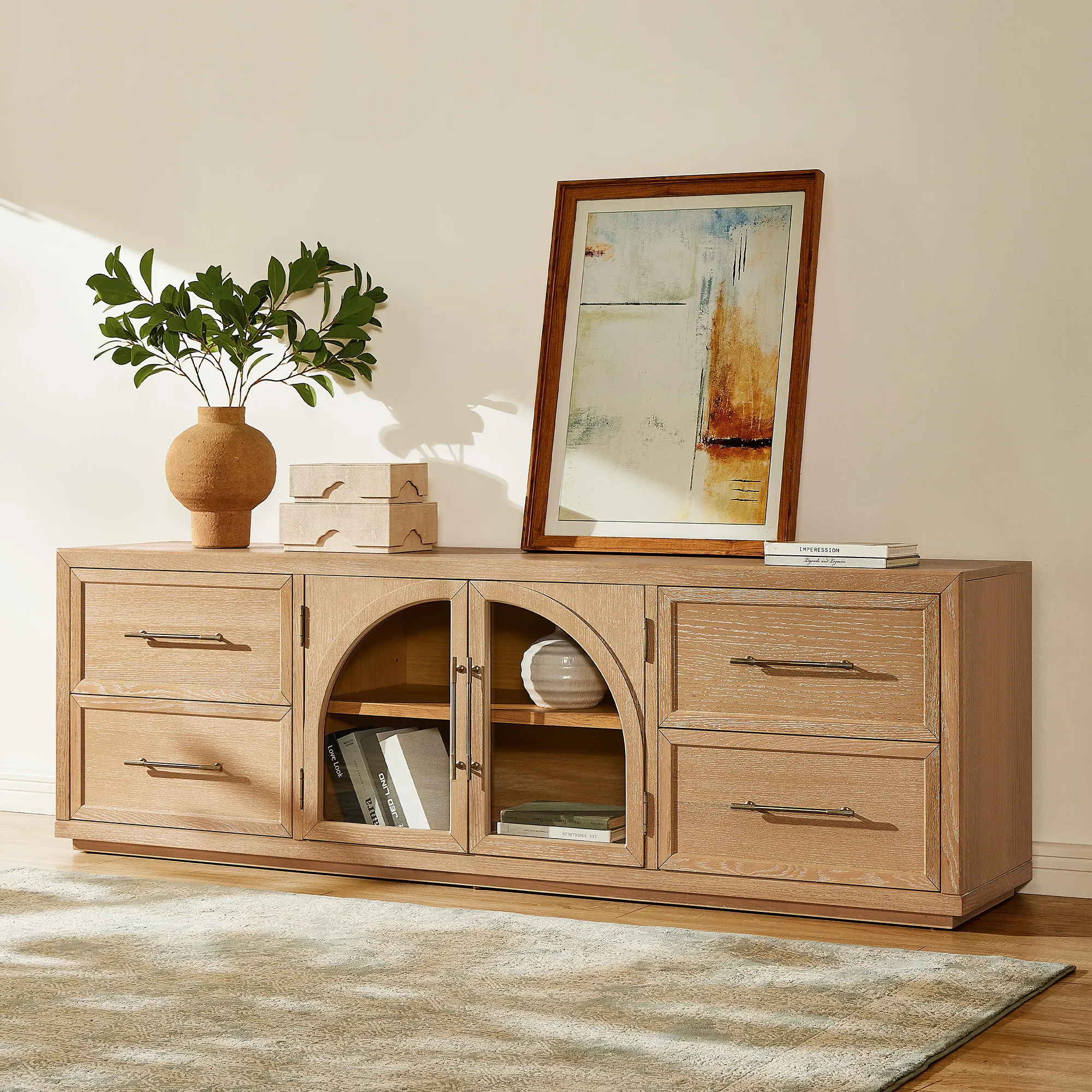 Valborg 80 Inch Media Console with Storage - Light Brown, Oak product