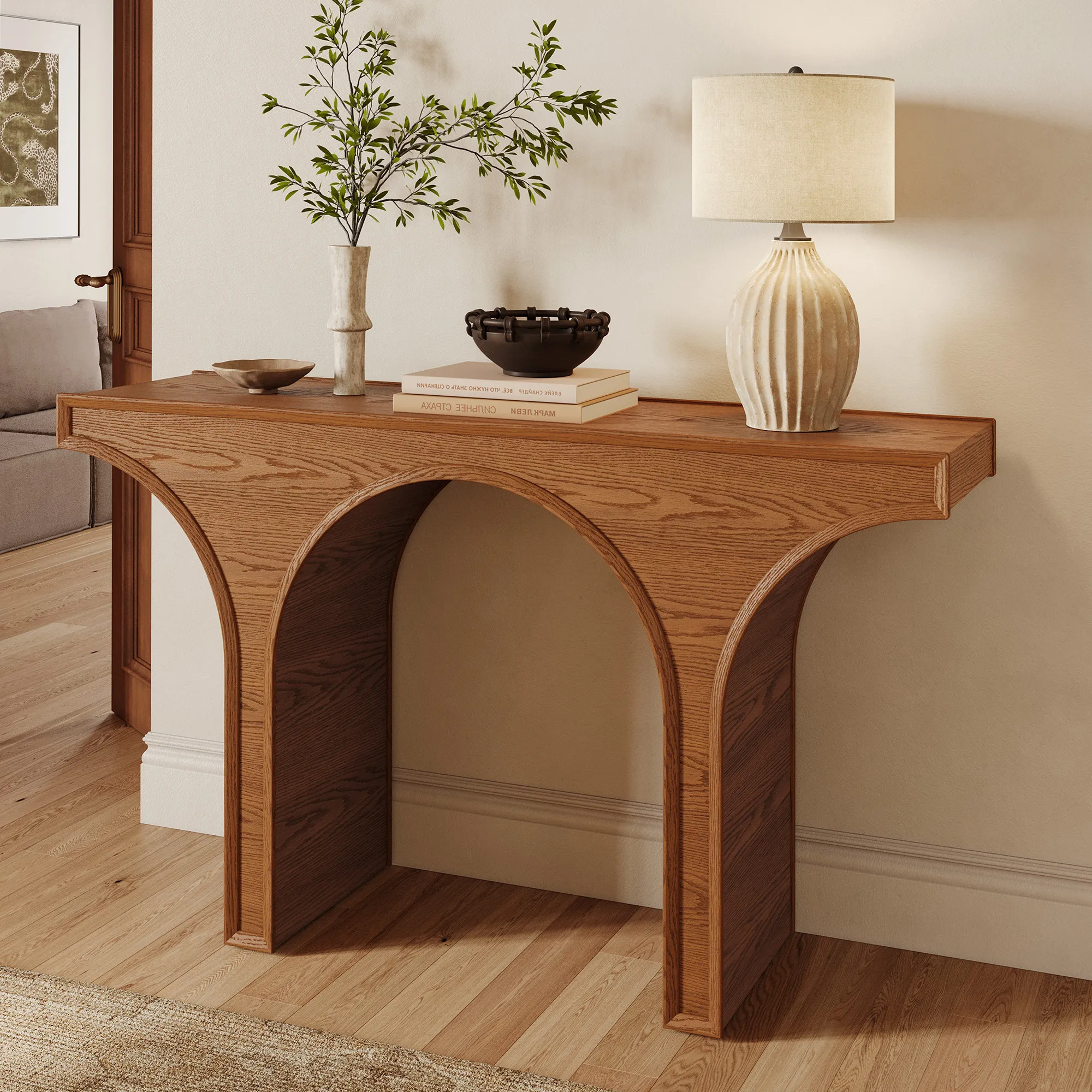 Valborg Arch Console Table with 2 Drawers - Brown, Oak product