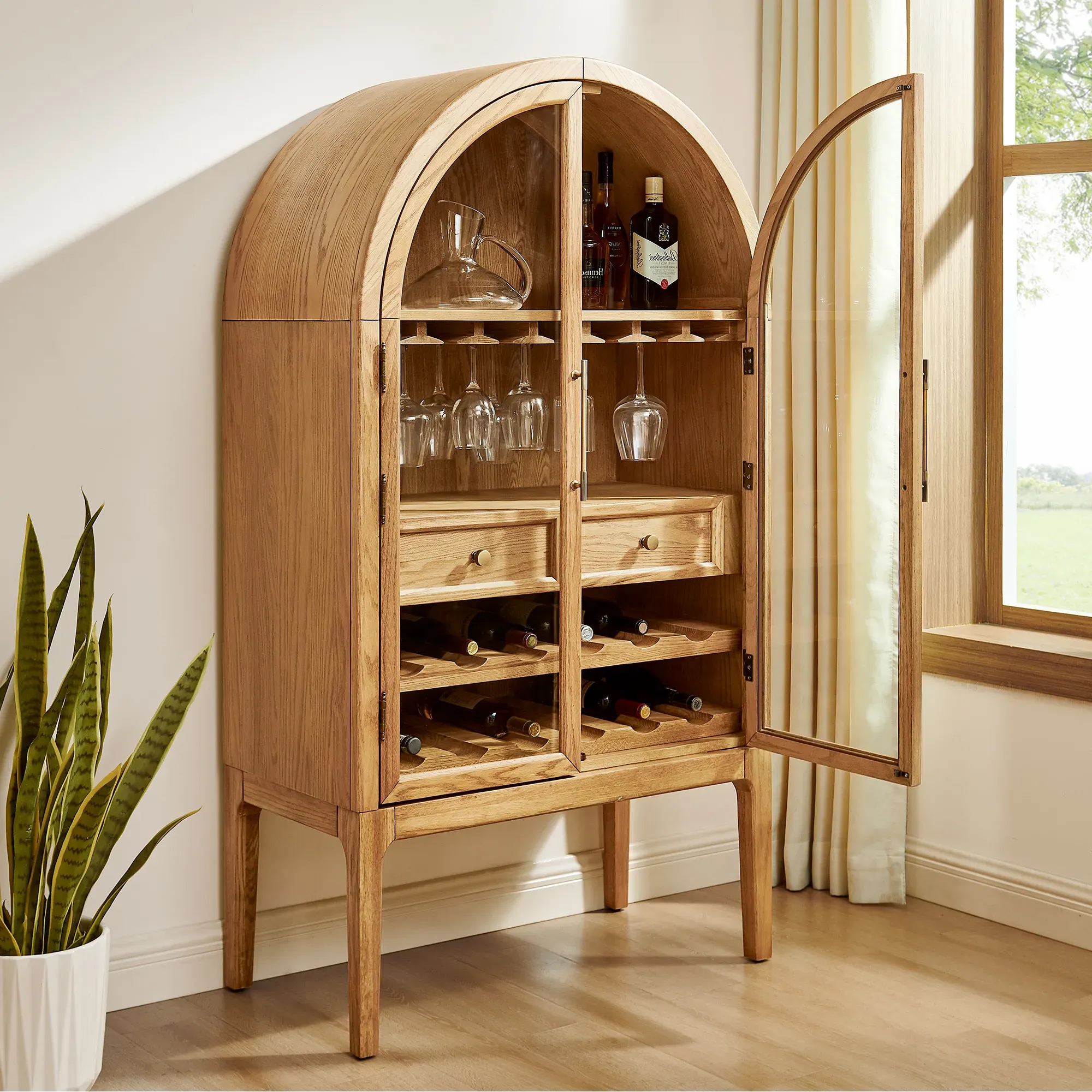 Valborg Arched Bar Cabinet with Glass Door & Drawers - Natural, Oak product