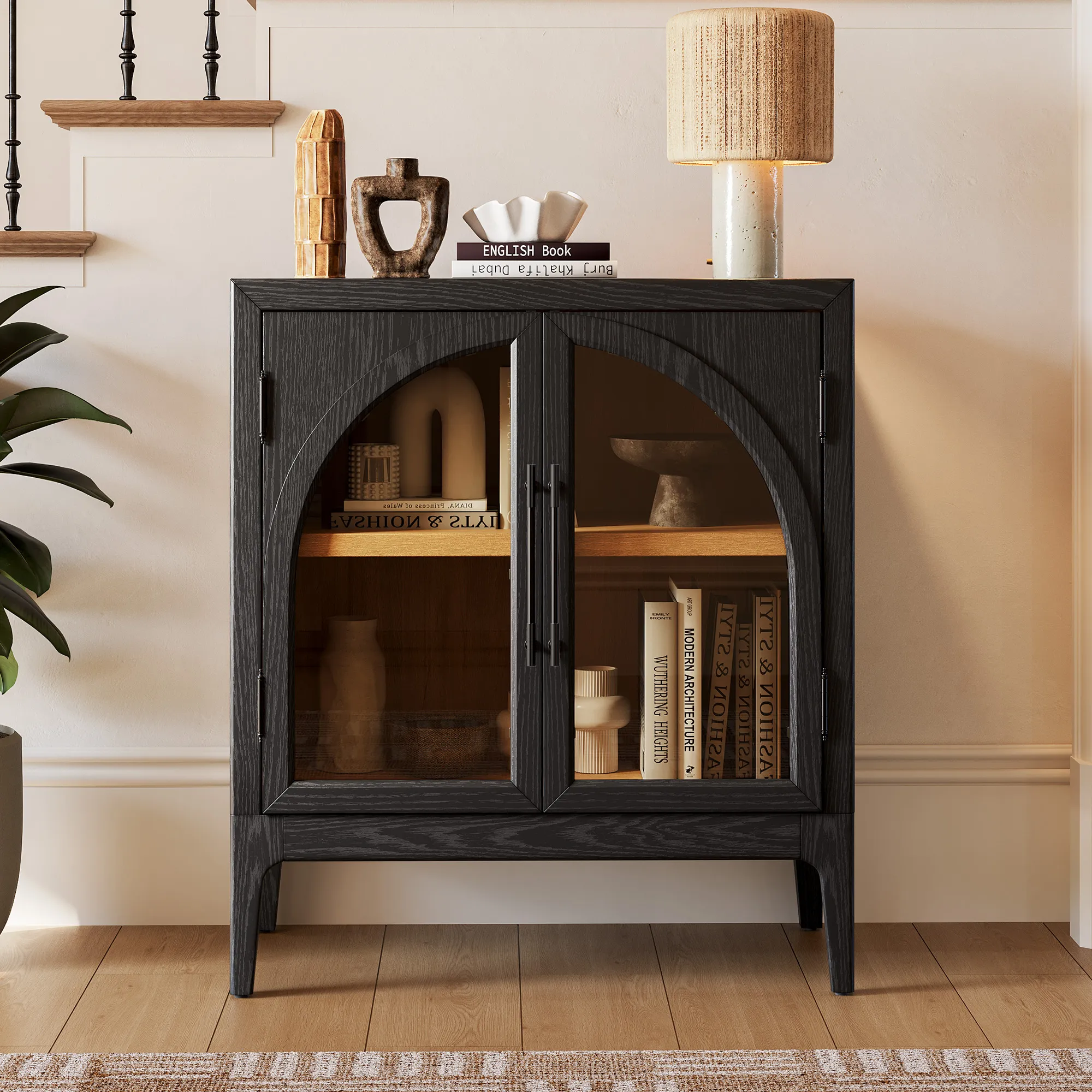 Valborg Arched Door Cabinet with Glass - Black, Oak product