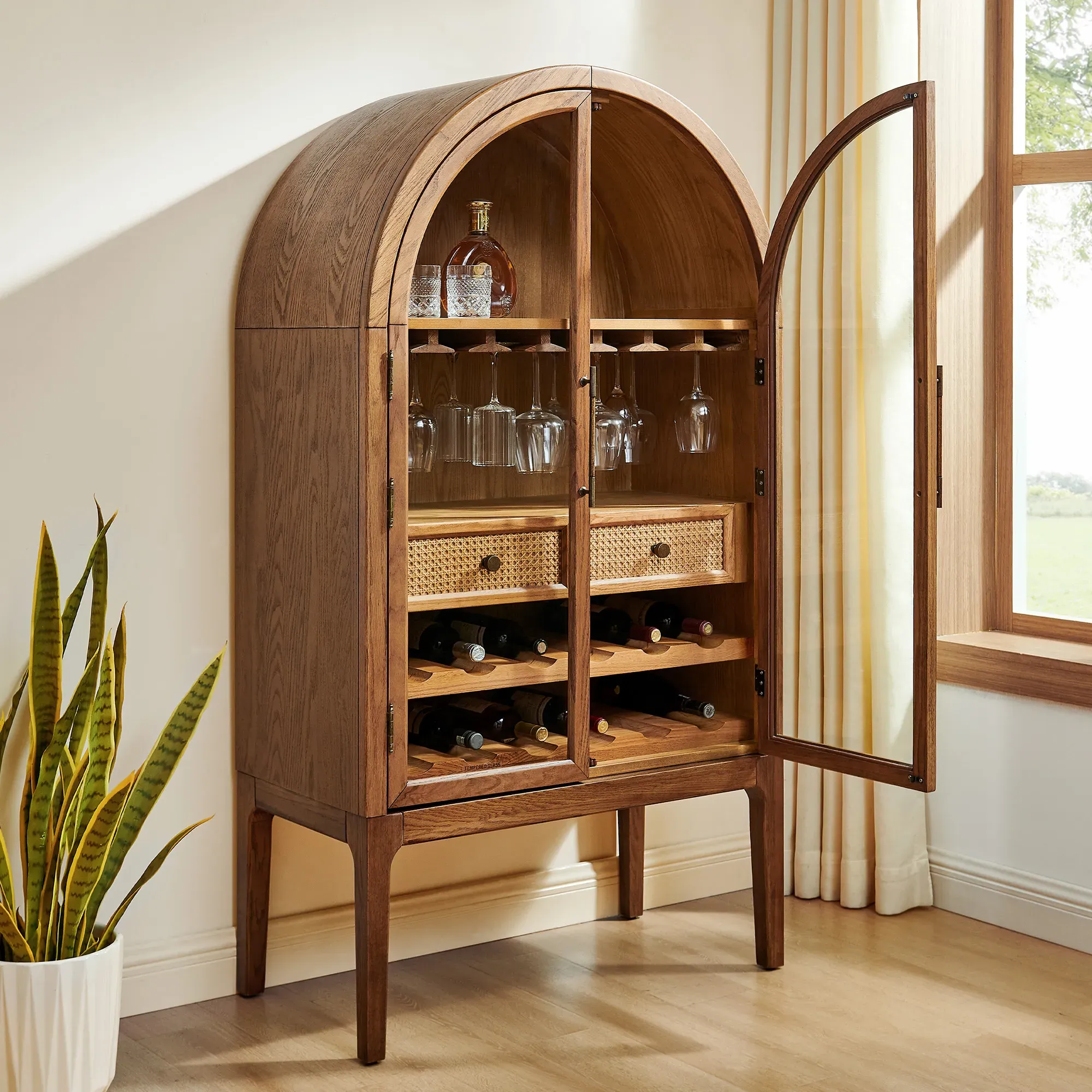 Valborg Arched Glass Door Bar Cabinet - Brown, Oak product