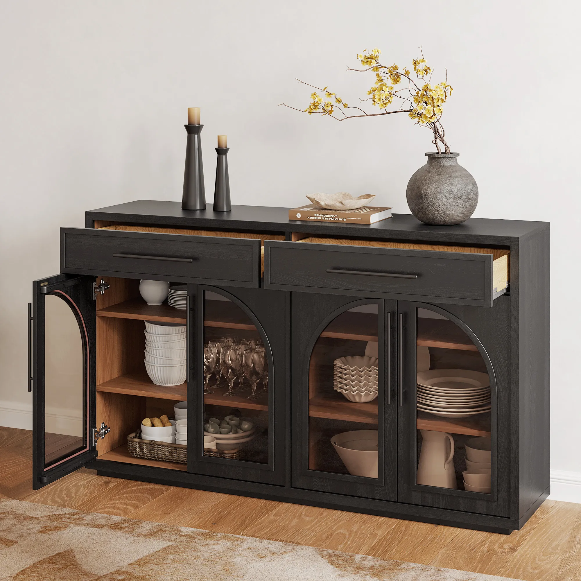 Valborg Arched Sideboard with Glass Doors - Black, Plywood product