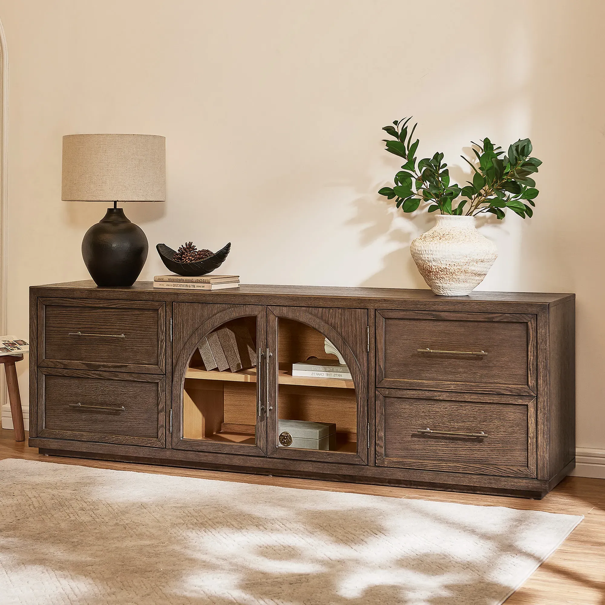 Valborg Arched TV Stand with Drawers - Dark Brown, Oak product
