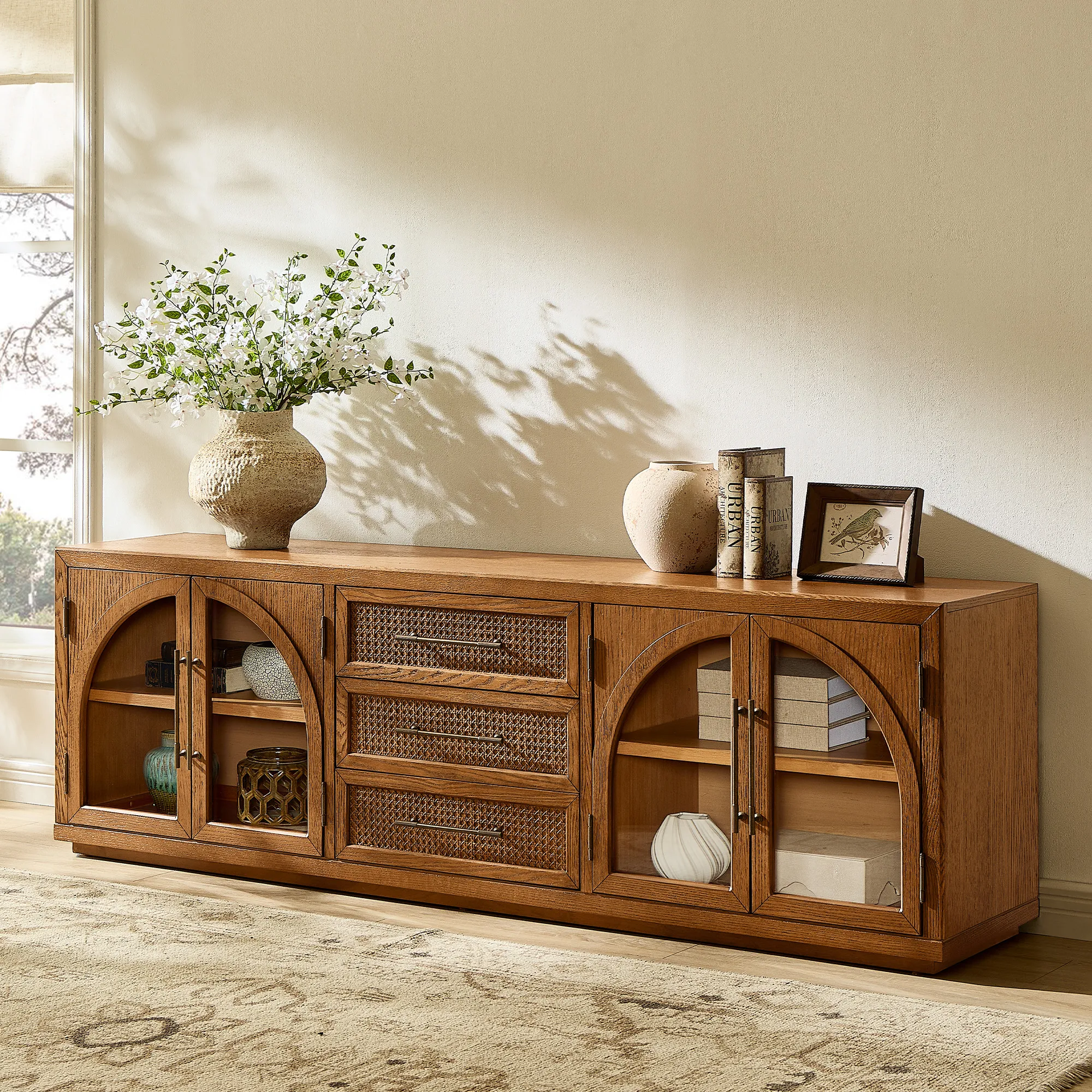 Valborg Arched TV Stand with Glass Doors - Brown, Oak product