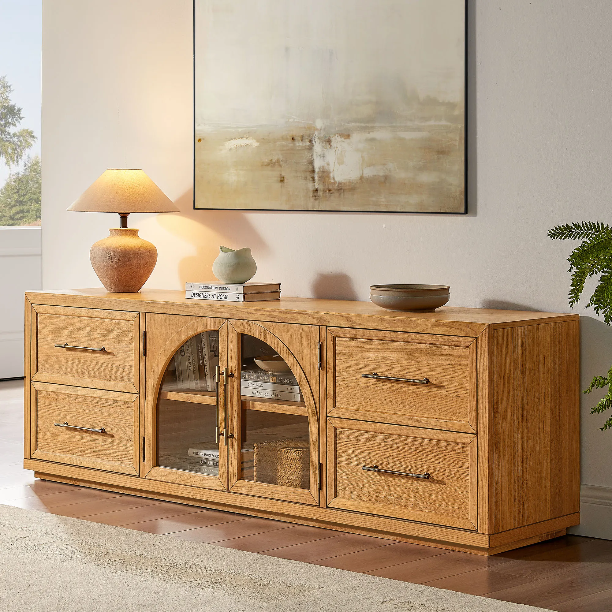 Valborg Arched TV Stand with Glass Doors - Natural, Oak product
