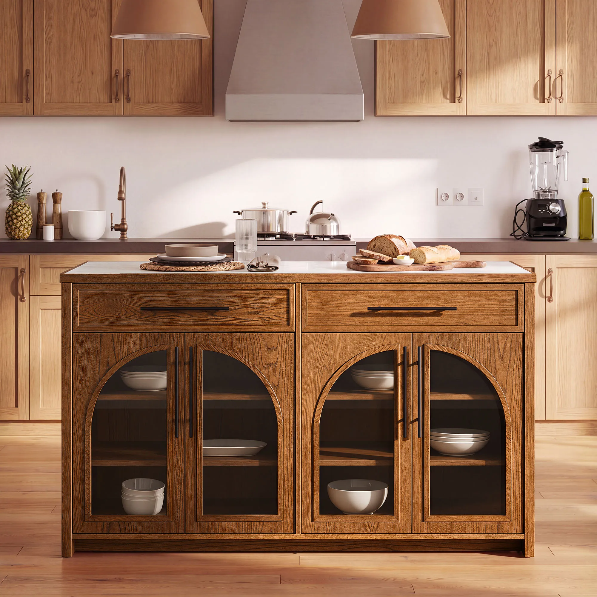 Valborg Kitchen Island with Sintered Stone Top - Brown, Oak Veneer product