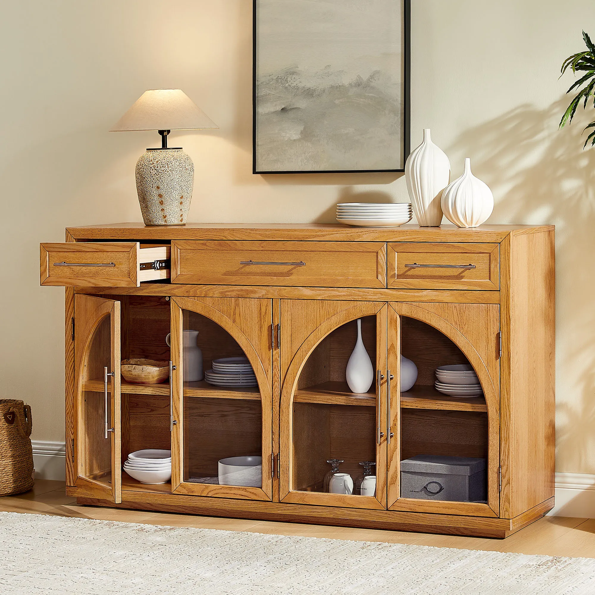 Valborg Sideboard with Arched Tempered Glass Doors - Natural, Oak product