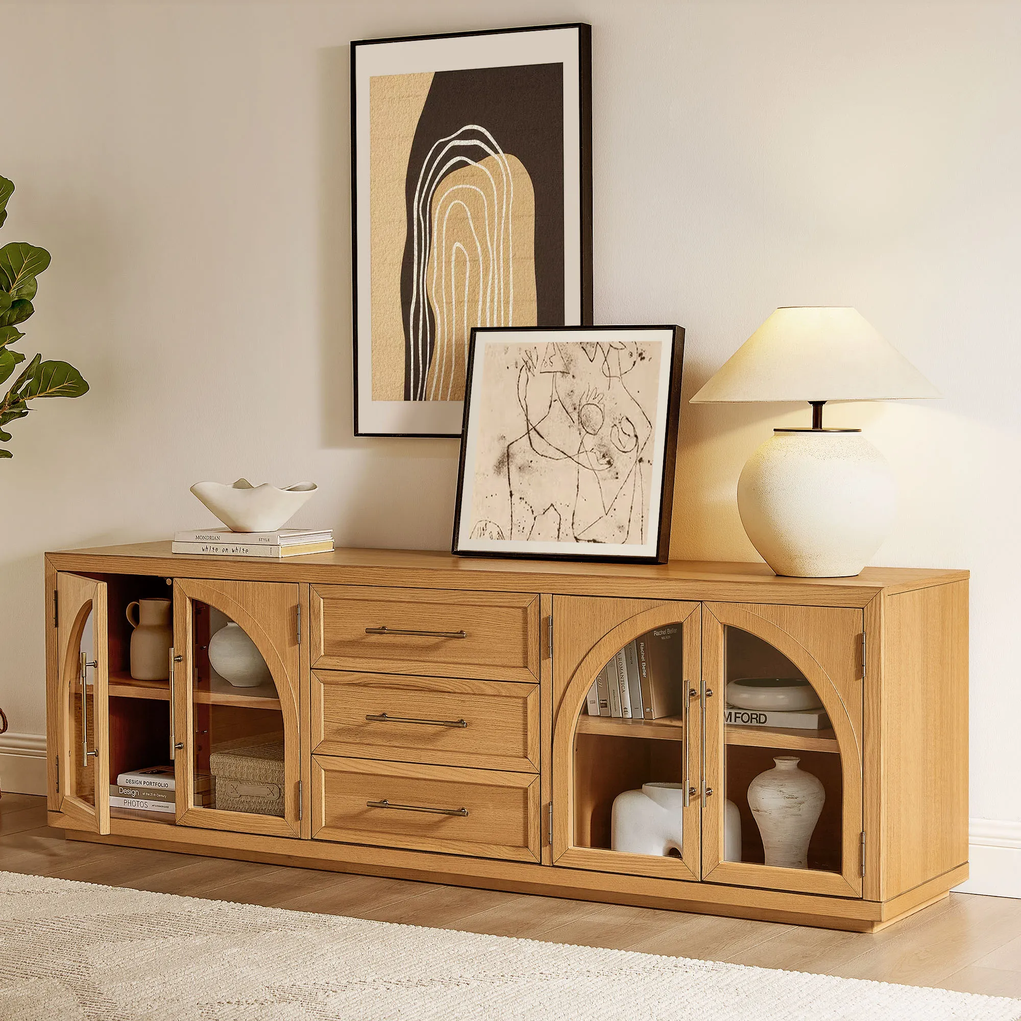 Valborg TV Stand with Glass Doors & Adjustable Shelves - Natural, Oak product