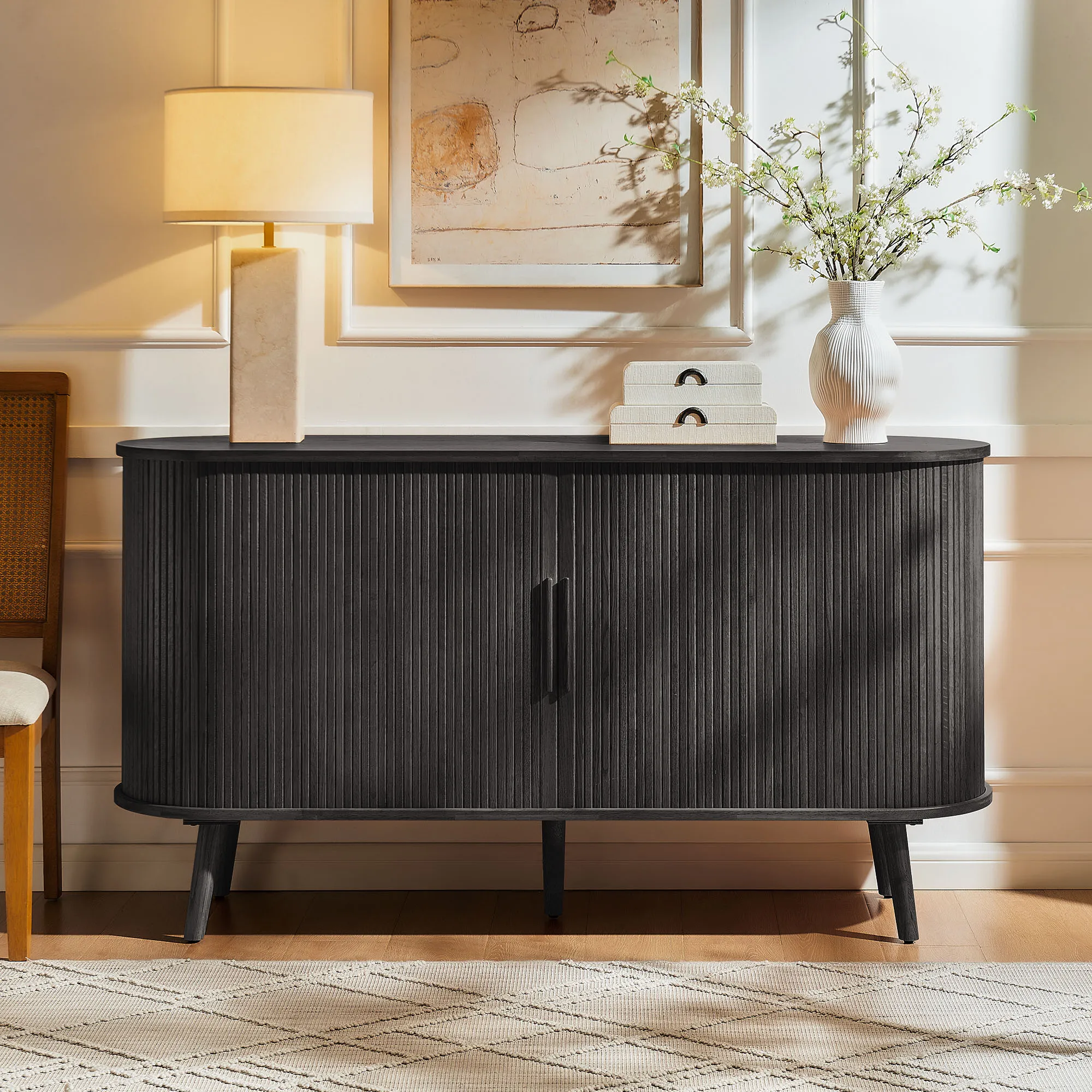 Valo 63 Fluted Tall Sideboard Buffet Cabinet - Black, Oak product