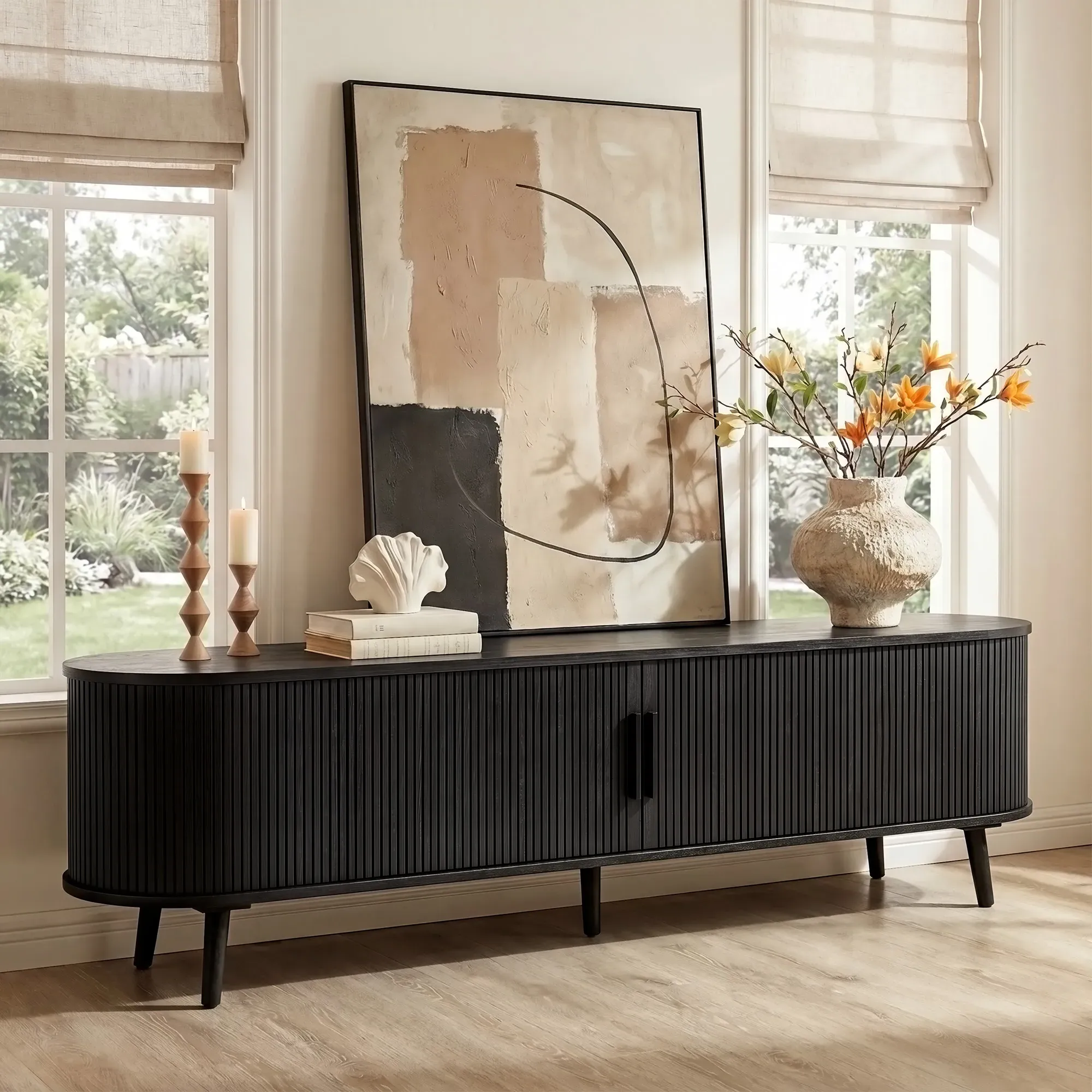 Valo 84 Inch TV Stand with Tambour Door - Black, Oak product