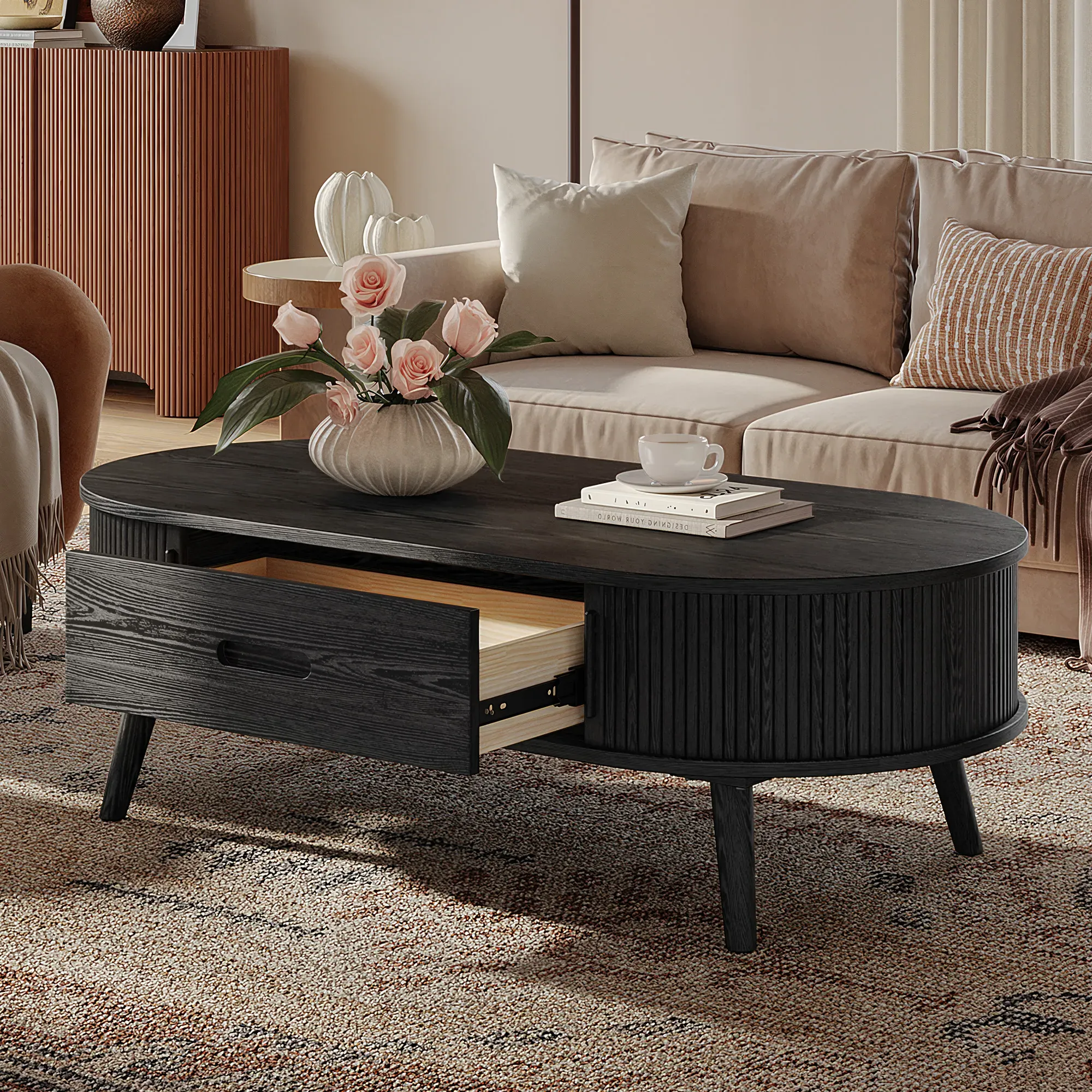Valo Oval Coffee Table with Drawer - Black, Oak product