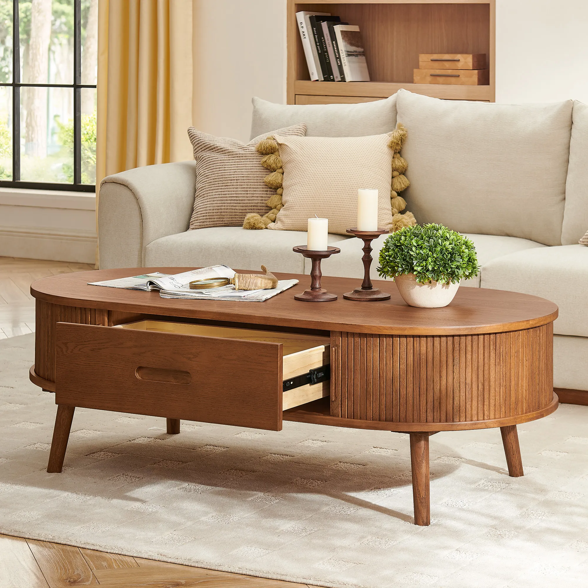 Valo Oval Coffee Table with Drawer - Warm Brown, Oak product